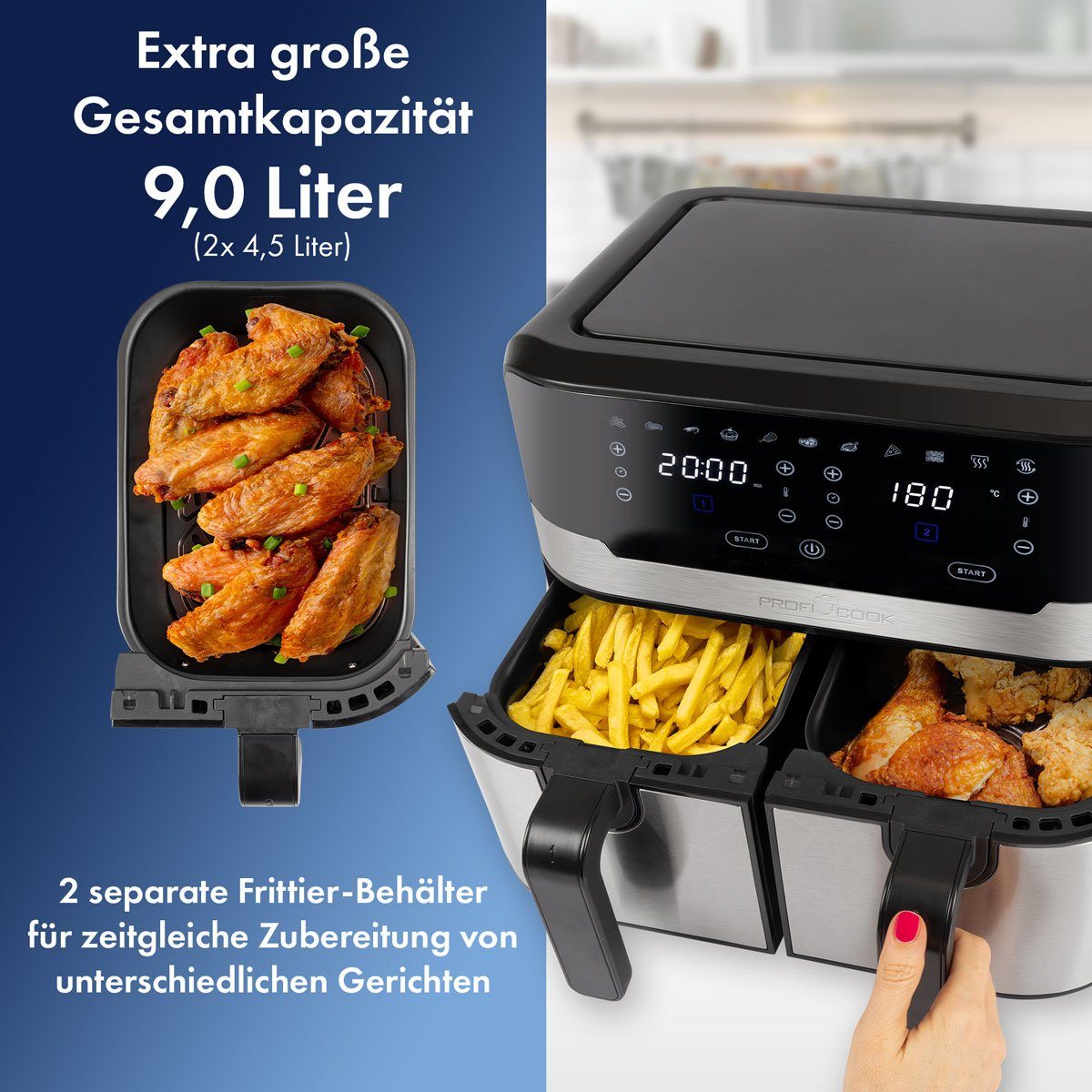 LED-Display PC-FR Doppel 2400 l, Heißluftfritteuse XXL, 2 ProfiCook 4,5 x 1242 Heißluftfritteuse W, H,