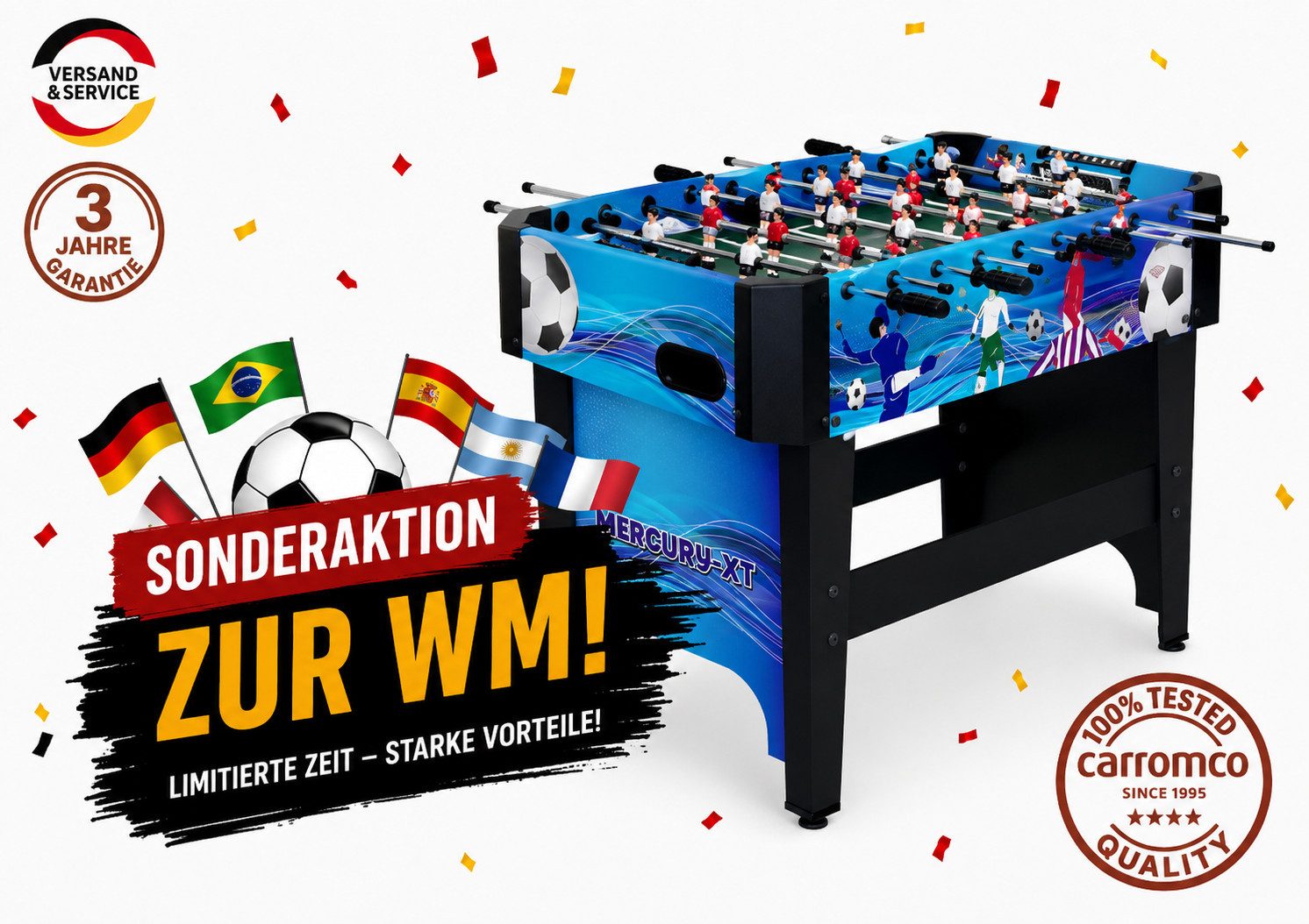 Carromco Kickertisch Mercury-XT Kickertisch 122x61x83 cm - Tischfußball, Kicker für Kinder, inkl. 4 Bälle Ø 32 mm, Fußball-Design in Blau-Schwarz