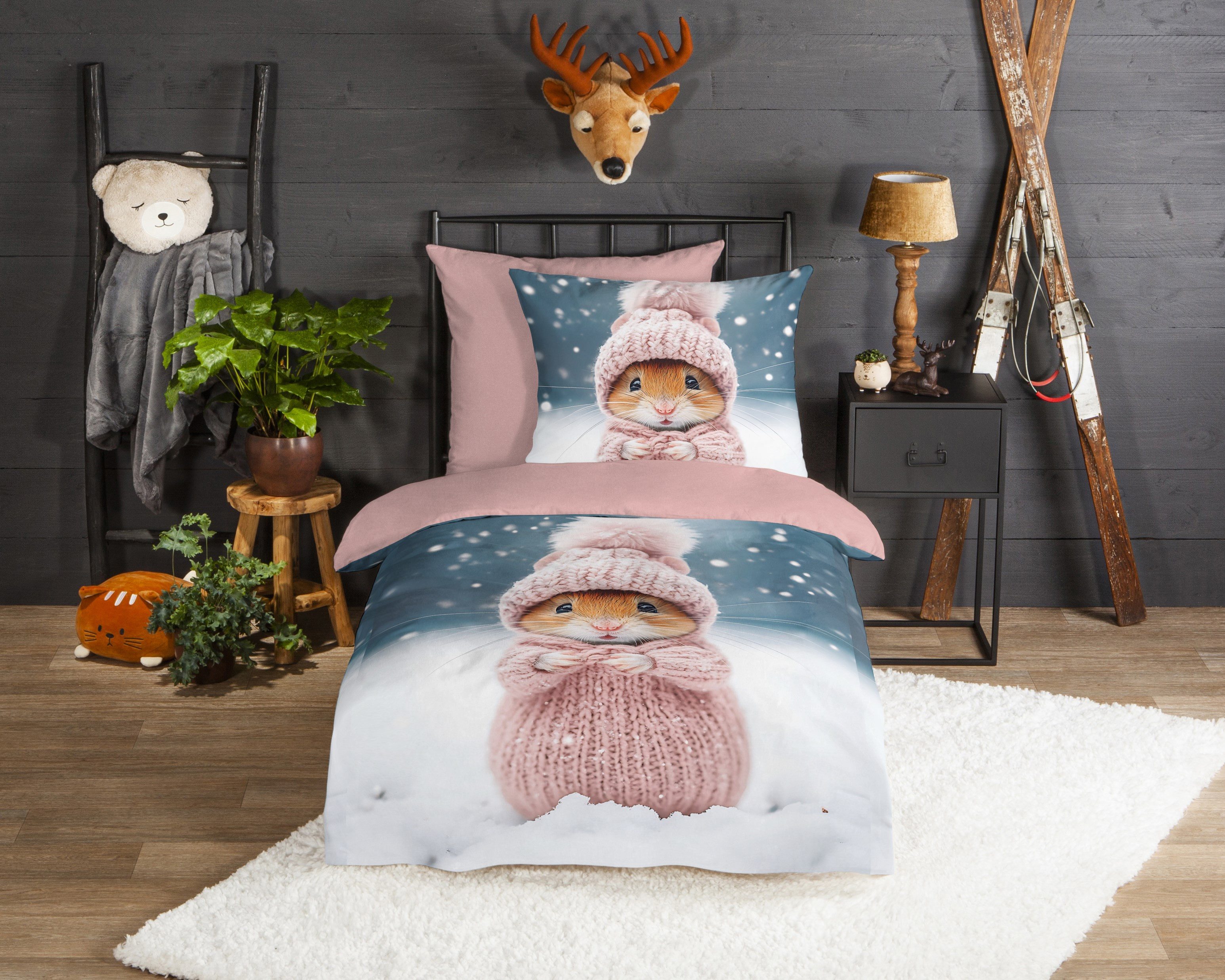 good morning Kinderbettwäsche Sofiamu, Biber, Flanell, 2 teilig, Flanell Biber, 135x200, Warm, Reißverschluss, Wende, Mädchen, Hamster