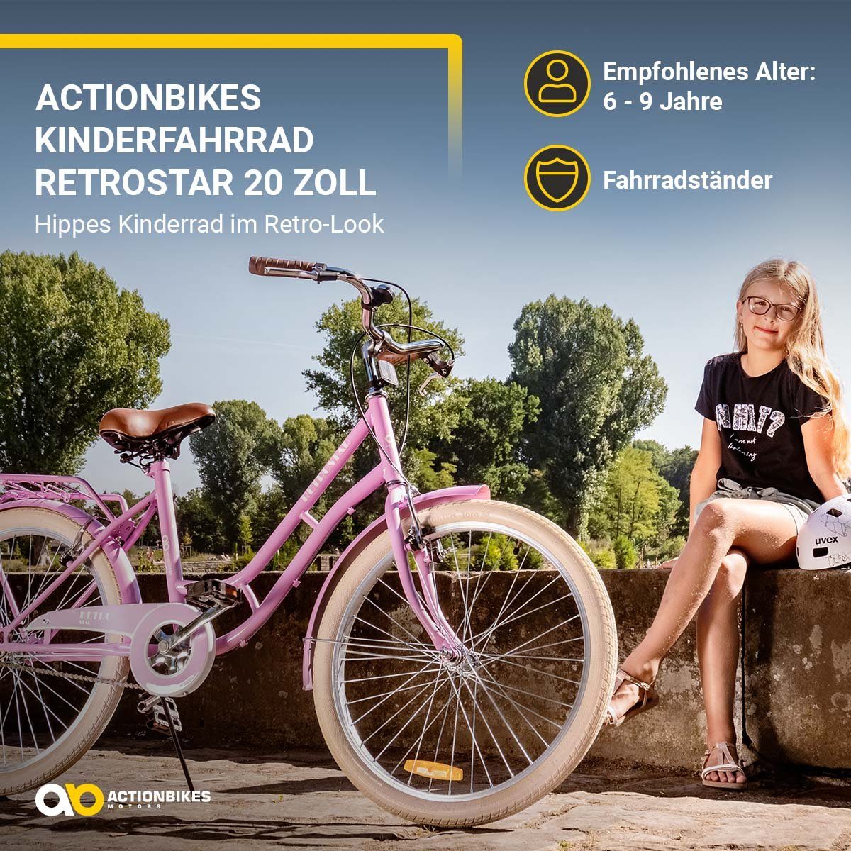 Actionbikes Motors Kinderfahrrad Mädchen Retrostar Kinder Fahrrad in Rosa, 1 Gang, ohne Schaltung, (Kinderfahrrad, Fahrrad ab 6 Jahren, Fahrrad Kinder 20 Zoll, 1-tlg., Fahrrad für Kinder, Fahrrad Mädchen, Fahrrad mit Gepäckträger), Gepäckträger, Fahrradständer, gefederter Sattel