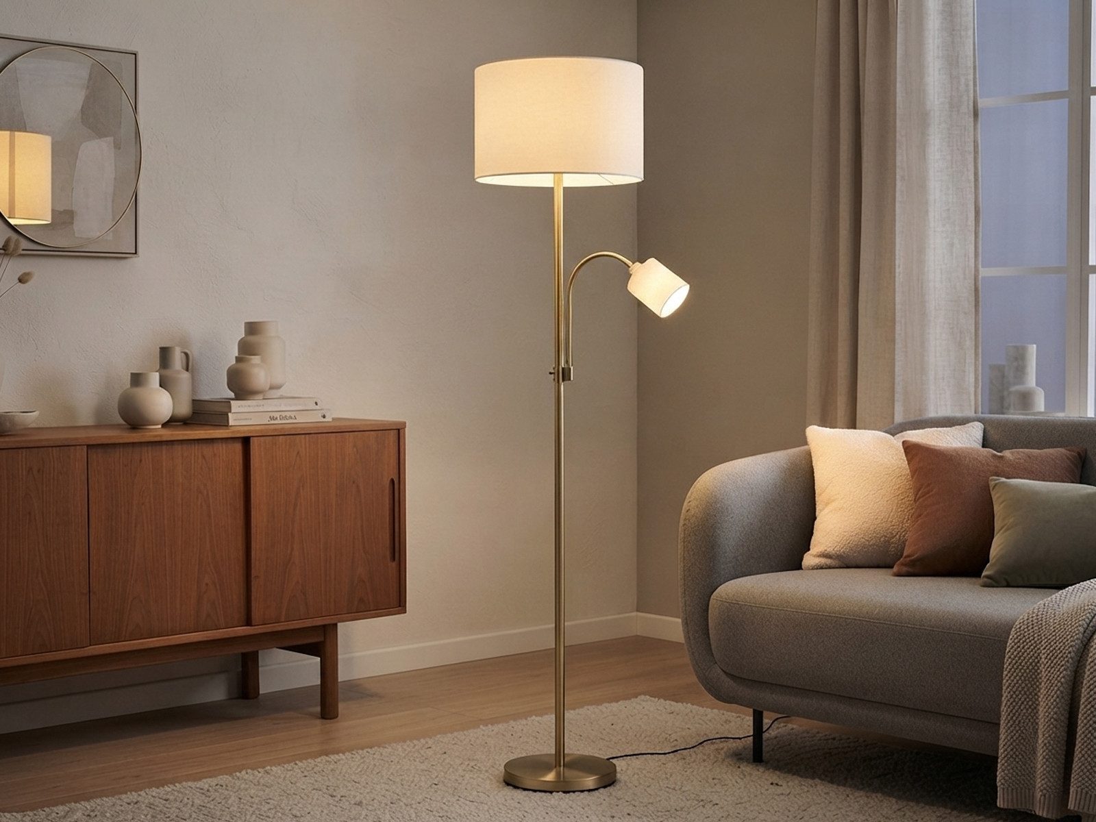TRIO Leuchten LED Stehlampe mit Leselampe & Stoffschirm Höhe 170cm, dimmbar, LED wechselbar, Warmweiß, Designklassiker Steh-Leuchte groß für Lese-Ecke stehend