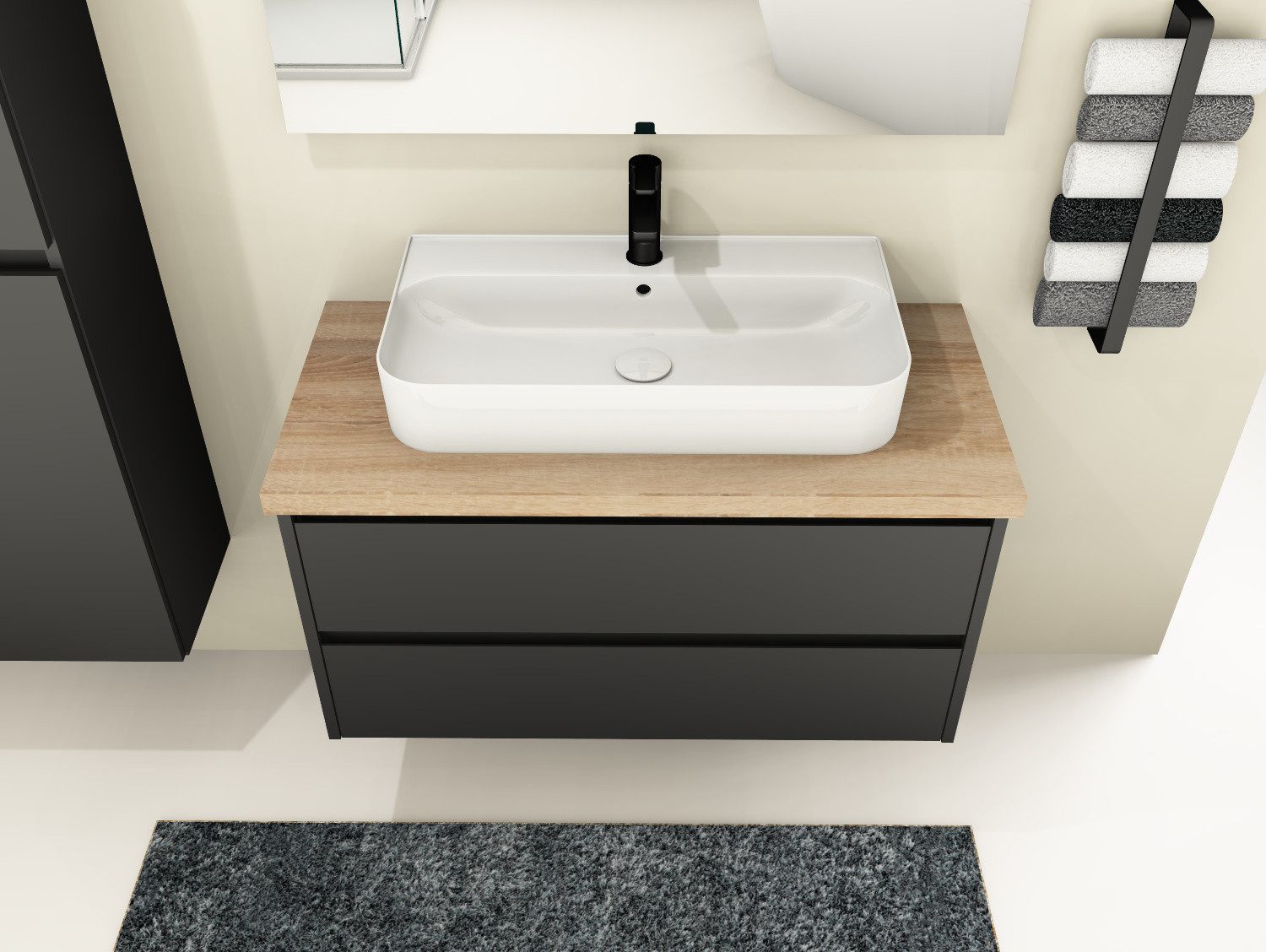 Aqua Bagno Badmöbel-Set Duo Badmöbel 100 cm – Anthrazit Matt mit MDF-Trägerplatte & Keramik, (Badschrank vormontiert, 3-St., Badmöbelschrank mit Trägerplatte, Waschbecken), einfache Montage
