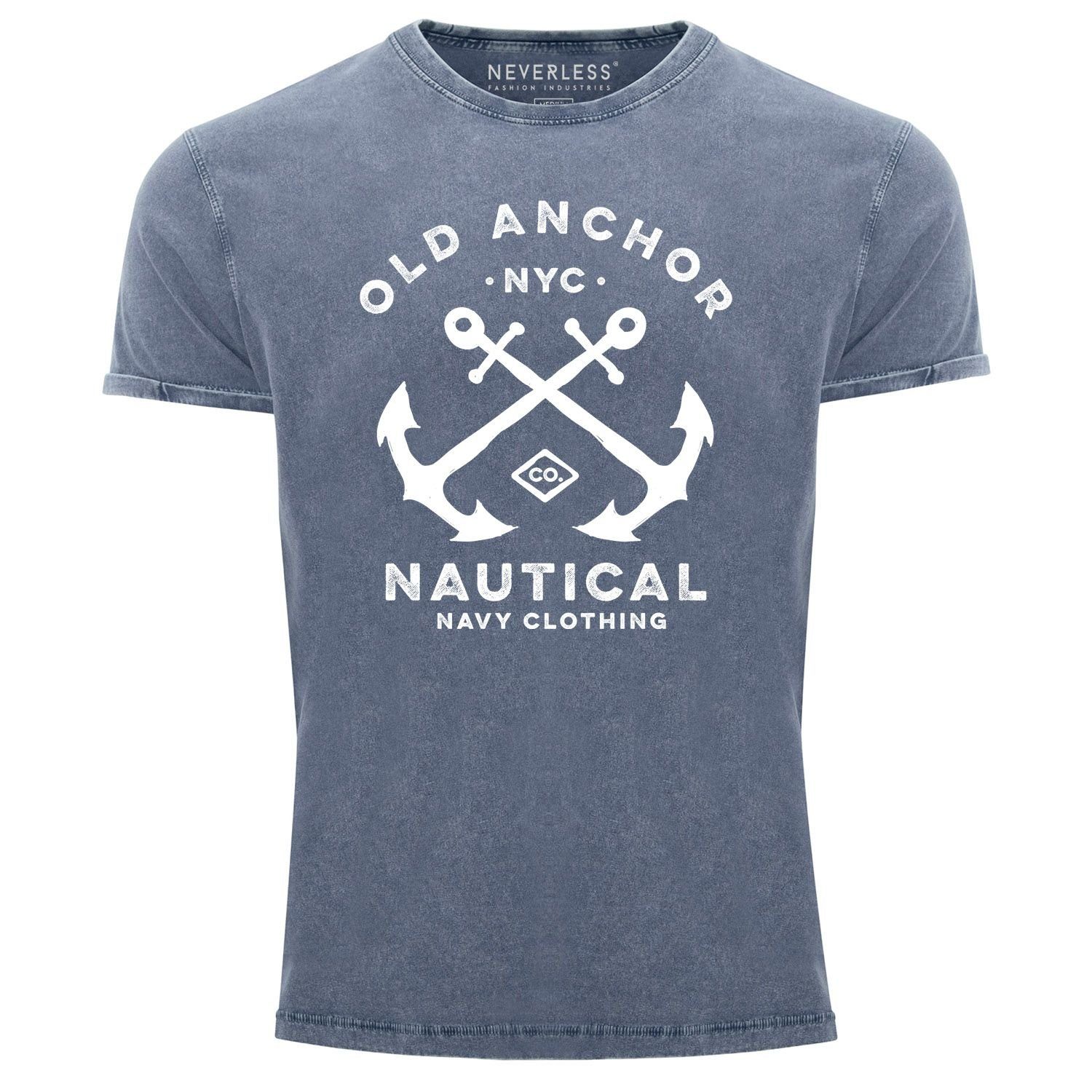 Neverless Print-Shirt Herren Vintage Shirt gekreuzte Anker Old Anchor Nautical Used Look Neverless® mit Print blau
