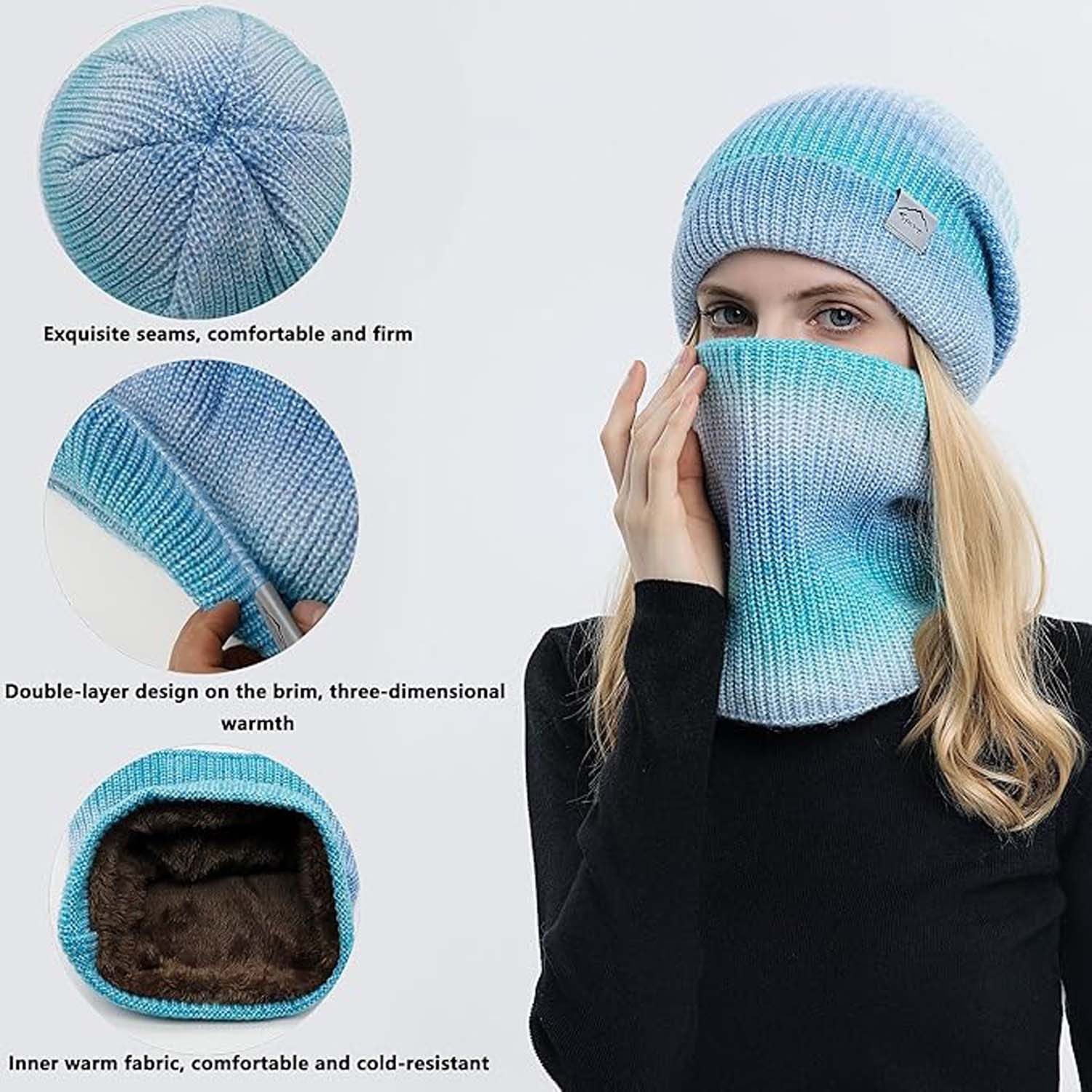 Coonoor Mütze & Schal Wintermütze Strickmütze mit Schal Damen Warme Wintermütze Mütze Schal Set,Wollmütze mit Farbverlauf – Bild 2 von 5
