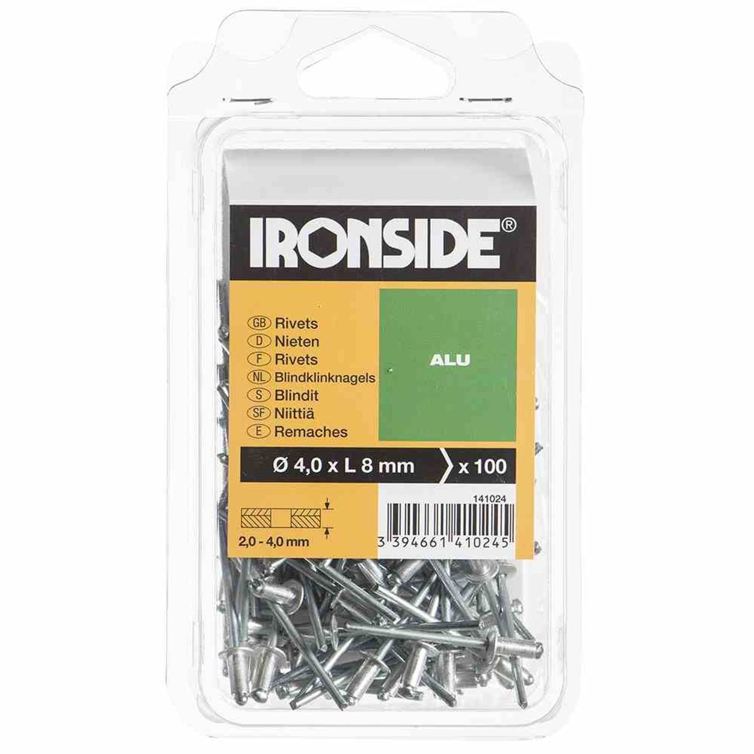 IRONSIDE Blindniete 4,0 Stück mm 8 Verpackungsinhalt: 100 Blindnieten Aluminium, x