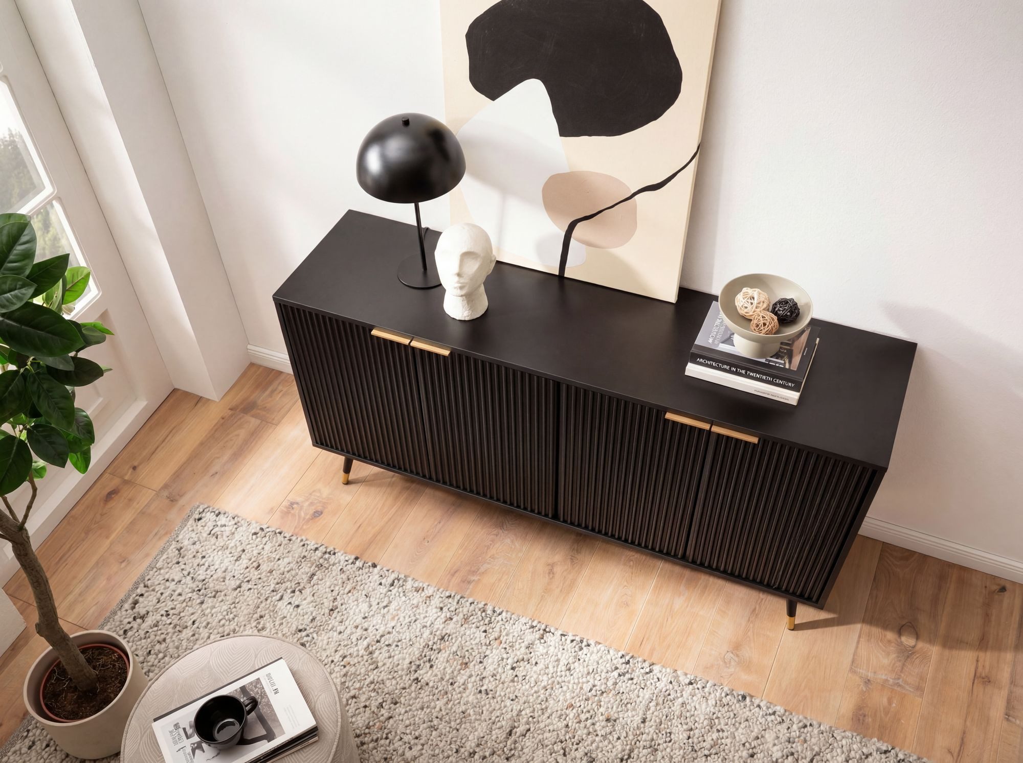 FineBuy Sideboard 150x81x39 cm Anrichte Schwarz mit Eiche-Dekor, Kommode mit Türen, Kommodenschrank Flurschrank Modern, Standschrank Wohnzimmer Metallbeine – Bild 5 von 5
