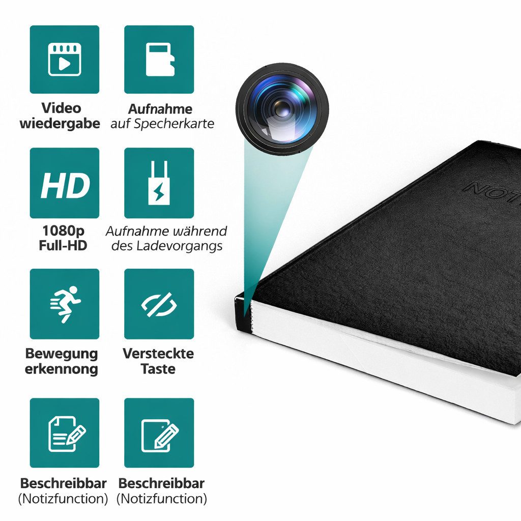 SpionProfi Überwachungskamera 32GB Mini Kamera FULL HD Notizbuch Video Ton Aufnahme Überwachung Cam (Innenbereich, 1-tlg., Versteckte Kamera Mini Spycam Video T – Bild 5 von 5