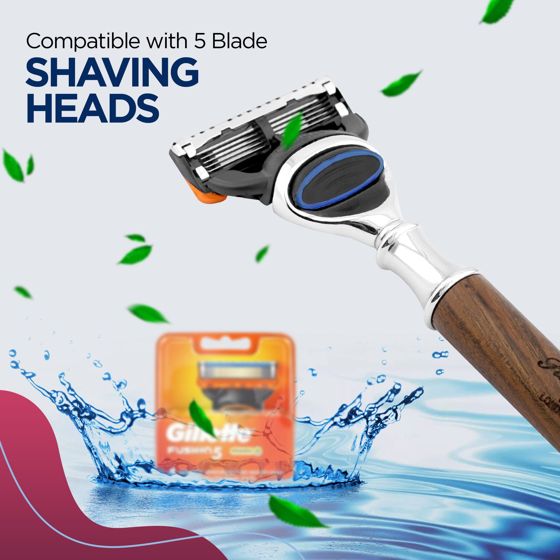 Haryali London Nassrasierer 5-Klingen-Holzrasierer für Unisex, Smart Grip Body & Beard Razor, Pack, Rasiermesser mit Klinge und messing-silberner Oberfläche, Abwaschbarer, rutschfester Griff. Passt auf alle Fusion5-Rasierer.