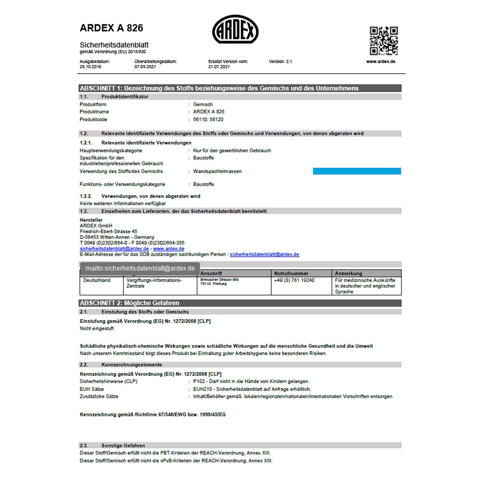 ARDEX Spachtelmasse Arduplan A 826 - 25 kg