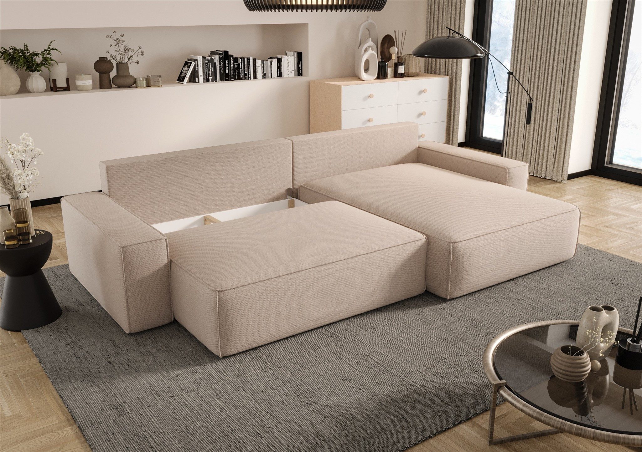 Fun Möbel Ecksofa Schlafsofa WALKEN mit Ottomane in Stoff Poso, mit Bettkasten, Rundumbezug