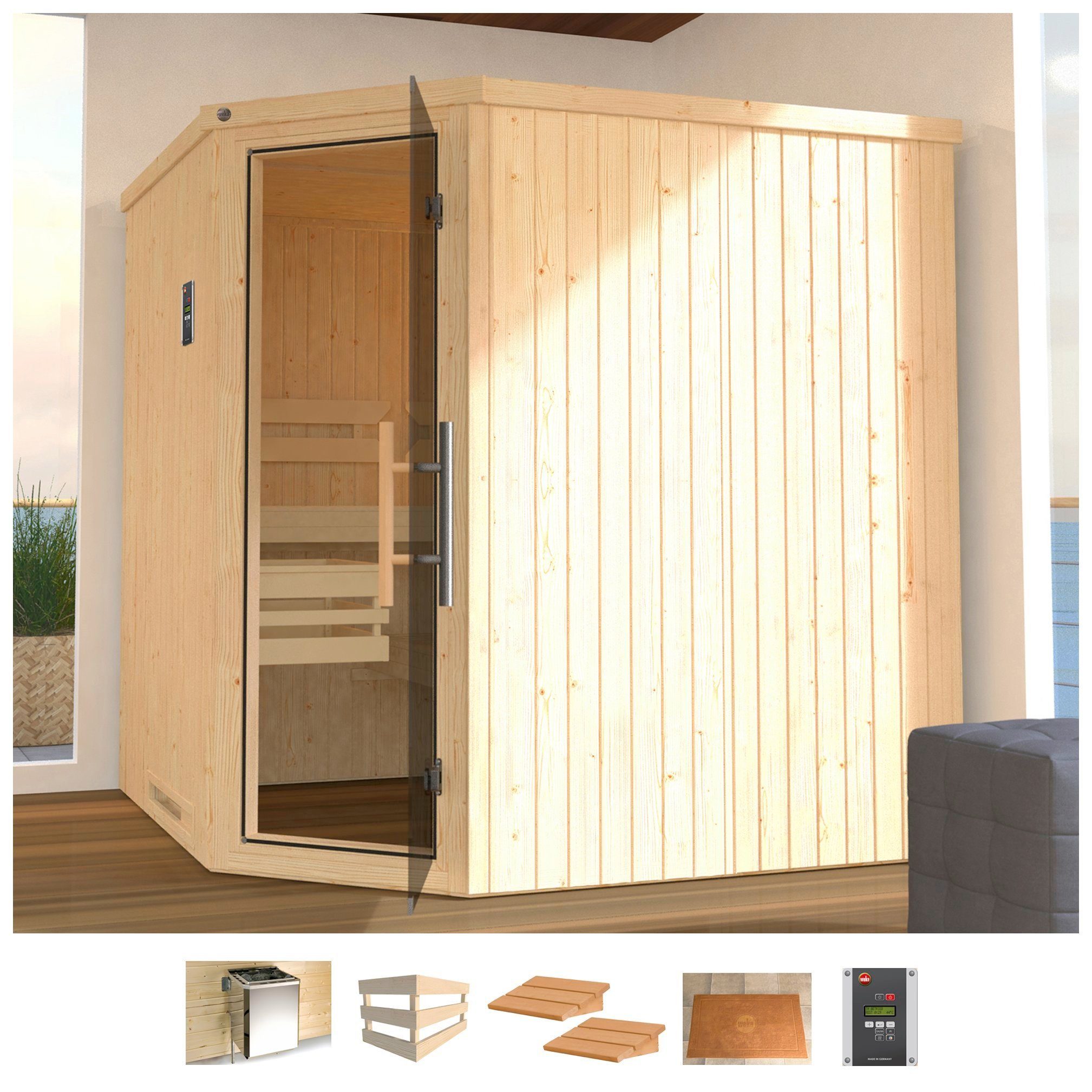 weka Sauna Varberg 3, BxTxH: 194 x 194 x 199 cm, 57 mm, 7,5 kW Bio-Ofen mit ext. Steuerung