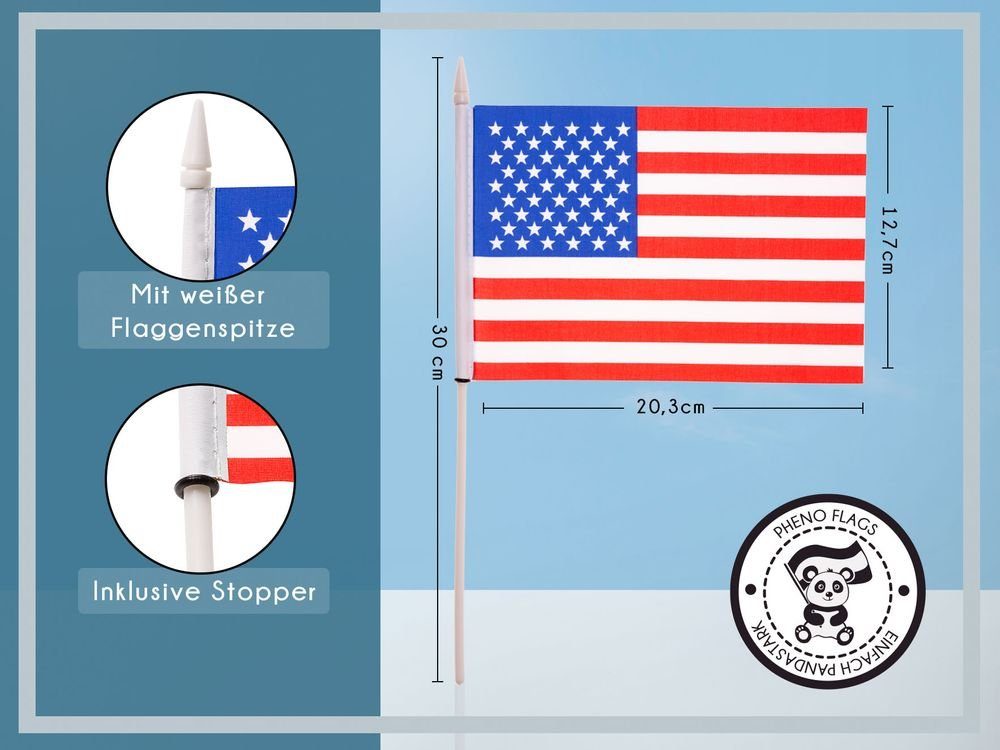 PHENO FLAGS Flagge Amerika (10er Set Handflagge mit Handfahne Deko), Flaggen zur Stab Stockfahne USA Fähnchen