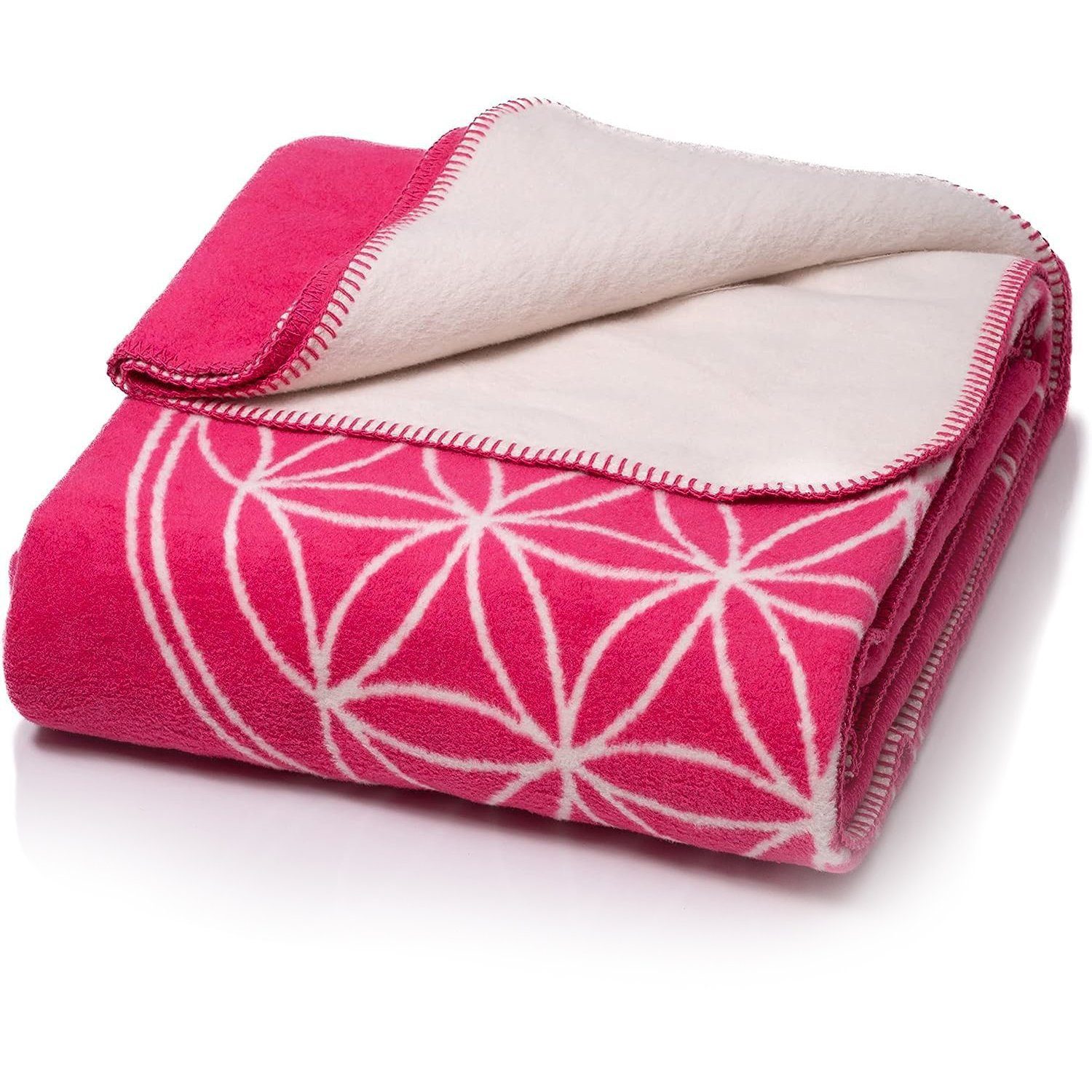 Wolldecke J2BP Kuscheldecke Baumwolle, Blume des Lebens Pink-Ecru, 150x200cm, Glart