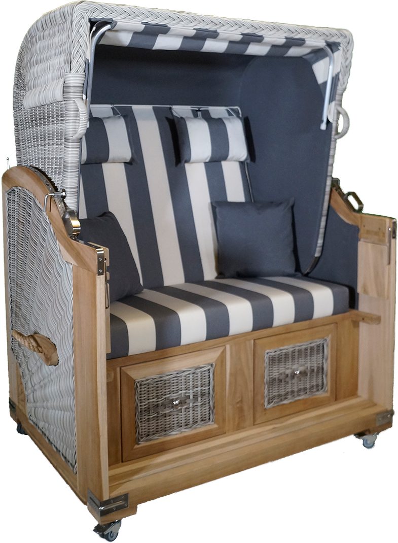 Strandkorb-King Strandkorb Strandkorb Teak grau / cremeweiß Stoff 2 Sitzer Voll-Liegemodell, BxTxH: 125x95x160 cm, 2 Sitzer