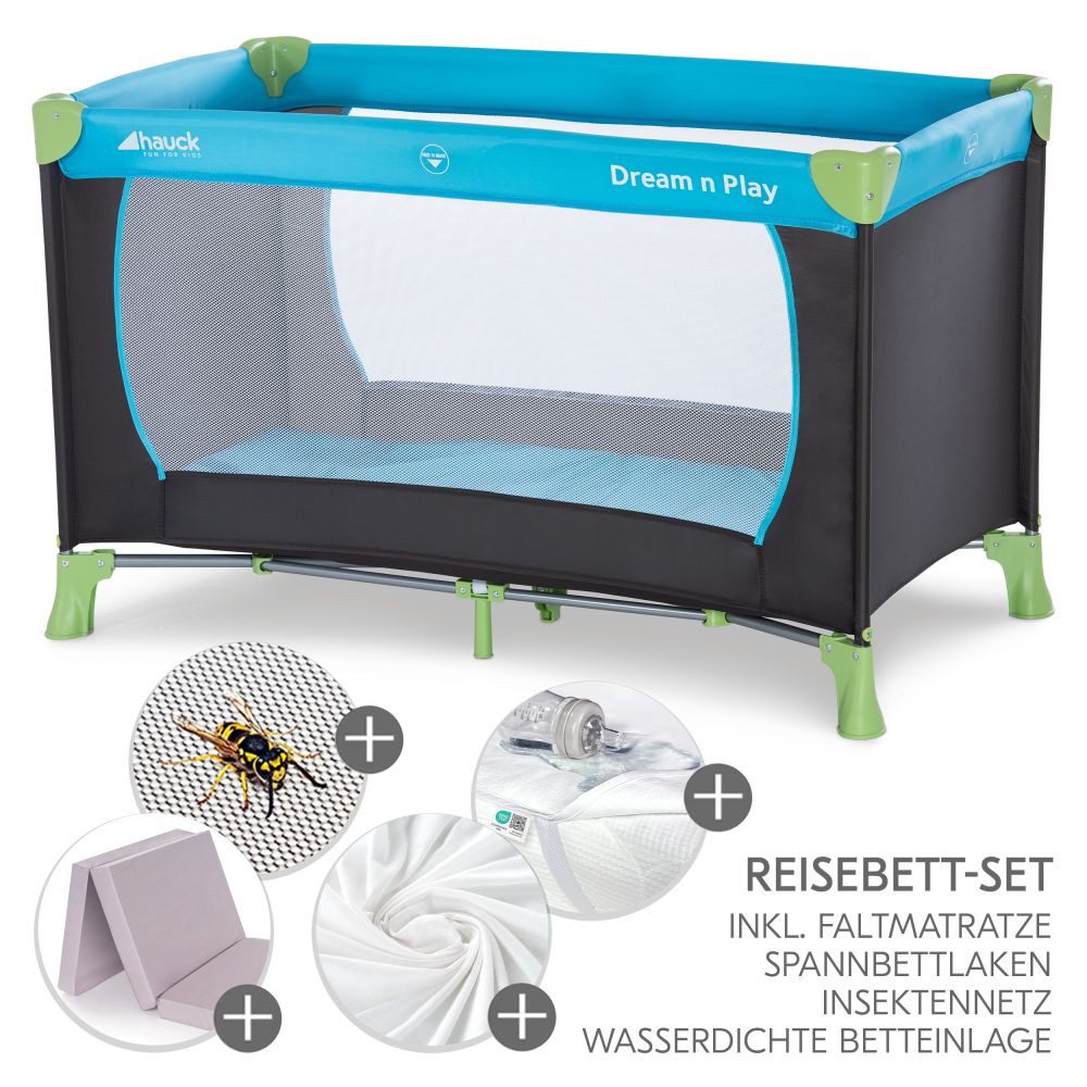 Hauck Baby-Reisebett Dream`n Play - XXL- Set - Waterblue, Baby Kinder Reisebett mit Matratze, 2 Spannbettlaken & Insektenschutz