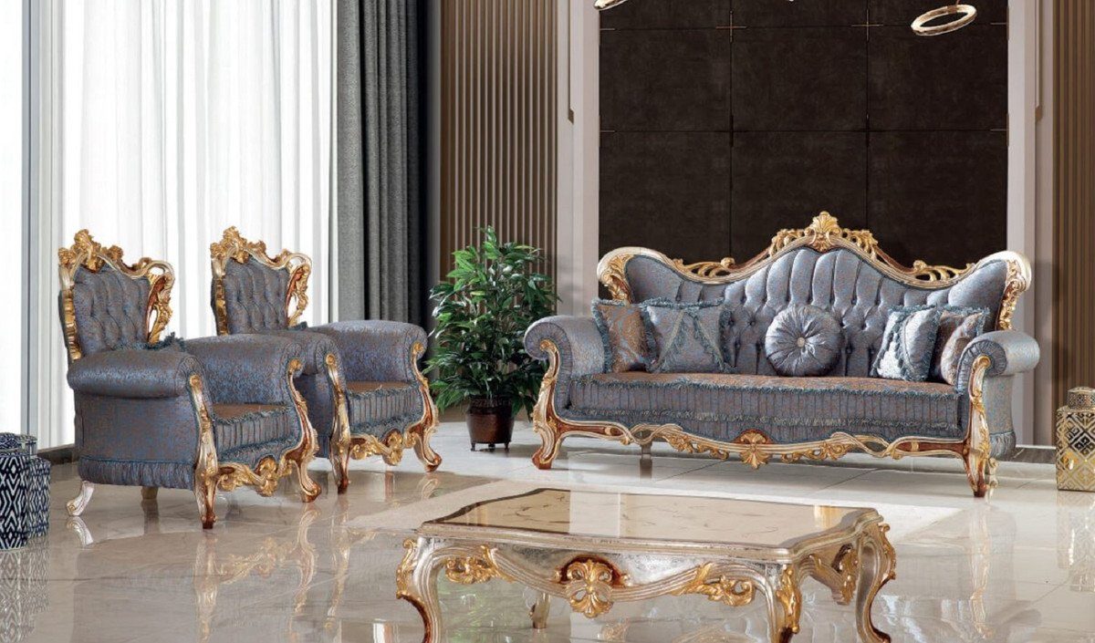 / - 128 Wohnzimmer Möbel Luxus 100 im H. / Gold Kupfer Barock Padrino Sofa / mit Silber Casa Prunkvolles / cm Braun Sofa Barockstil x Muster Sofa x elegantem - Blau 255