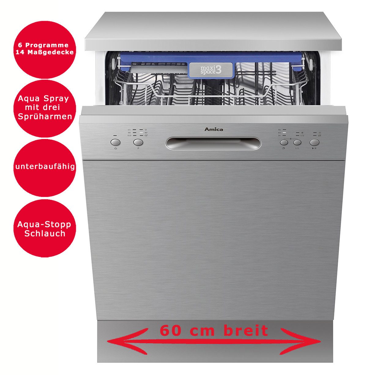 Amica Unterbaugeschirrspüler GSP 14755-1 E, 11.00 l, 14 Maßgedecke, Aquastopp, Halbbeladung, Aqua Spray mit 3 Sprüharmen