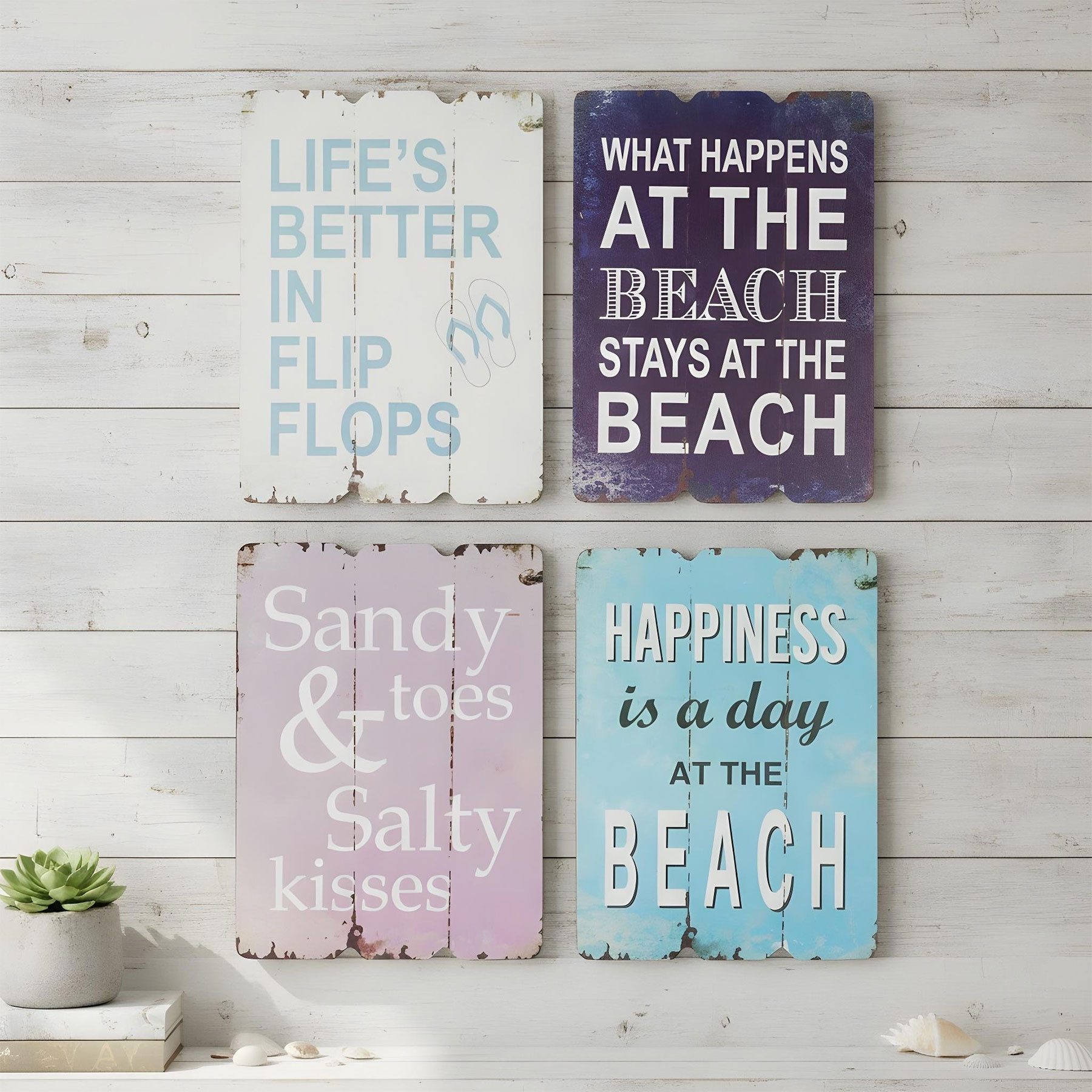 Levandeo® Holzbild, 4er Set Wandbilder Strand Meer MDF Holz Dekoschild Maritim