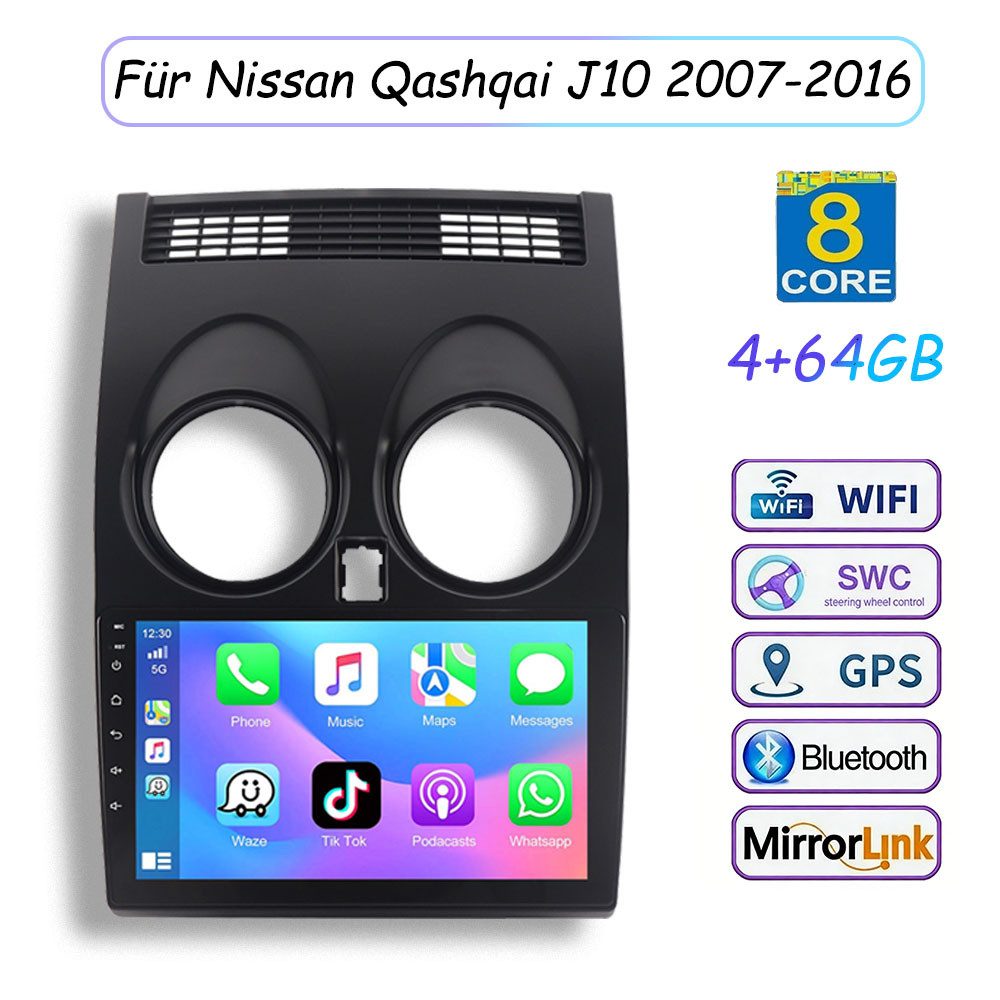 A-Sure 8Core 4+64GB Android 15 Apple CarPlay Für NISSAN Qashqai J10 2007-2015 Autoradio (Digitalradio (DAB), FM, AM, 1280*800 IPS Screen/8-Core CPU)