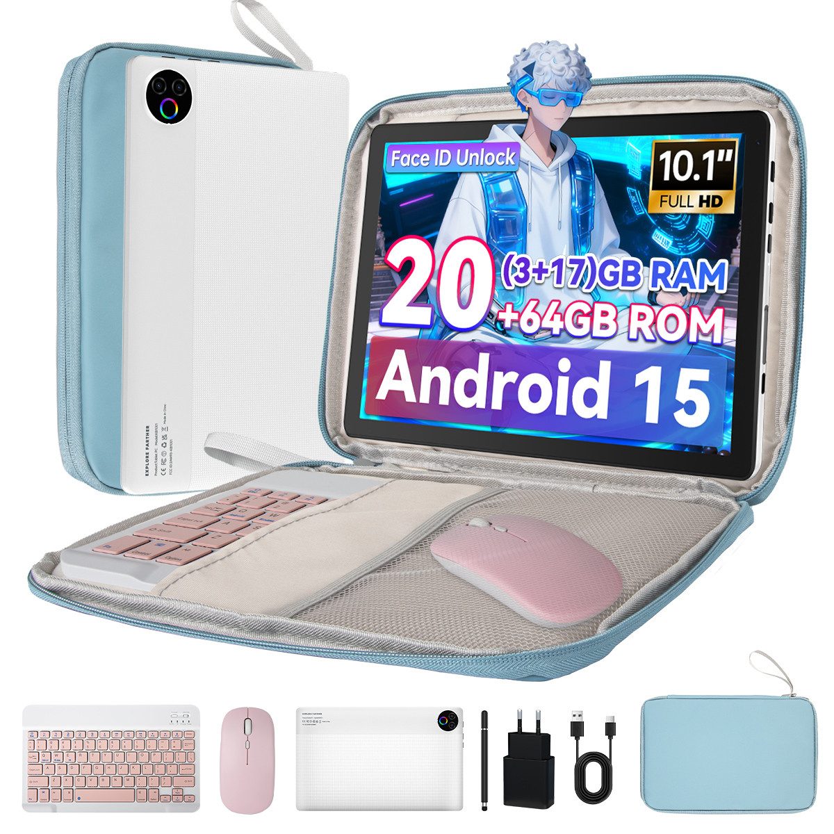 BUFO 10,1 Zoll 20(3+17)GB RAM 64GB ROM, Android 15, HD 1280x800, 5G WiFi Tablet (10,1", BT 5.4, WiFi 6, Dual-Kamera)