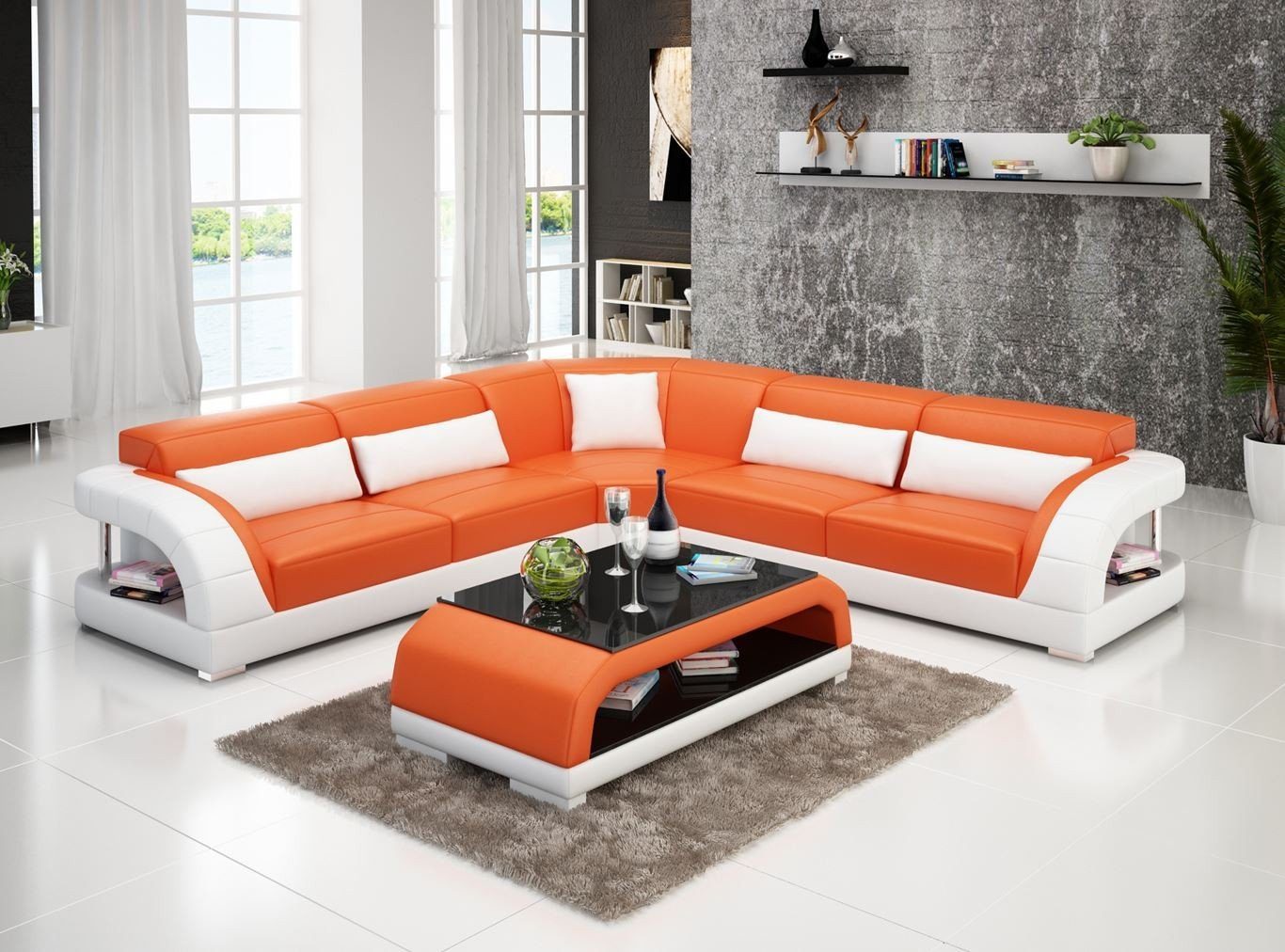 Ecksofa Garnitur JVmoebel Orange/Weiß Made Europe Couch Leder Wohnlandschaft in Design Ecksofa Modern,