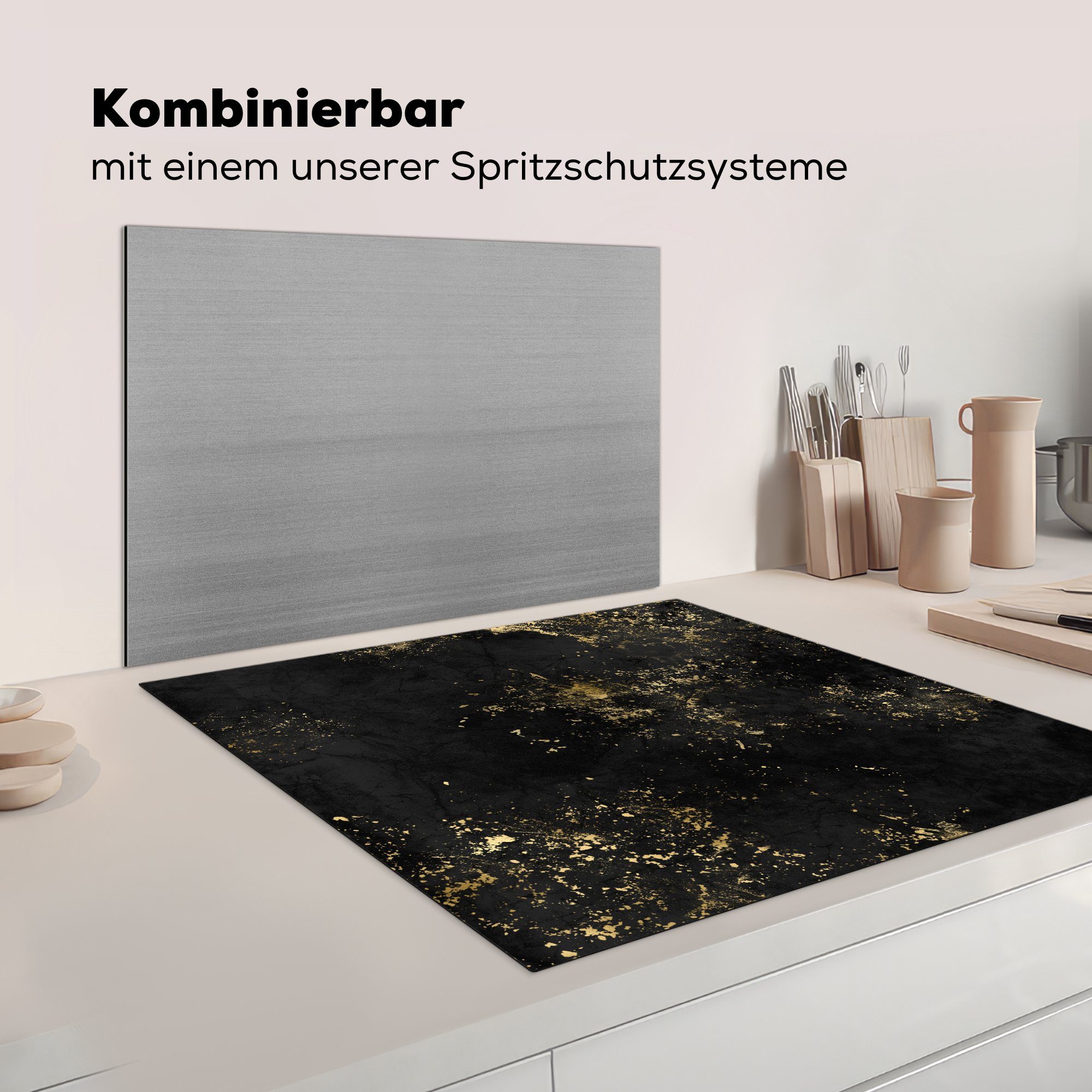 Gold Ceranfeldabdeckung, (1 - Arbeitsplatte küche cm, MuchoWow Schwarz für Vinyl, Herdblende-/Abdeckplatte Abstrakt, tlg), - 78x78