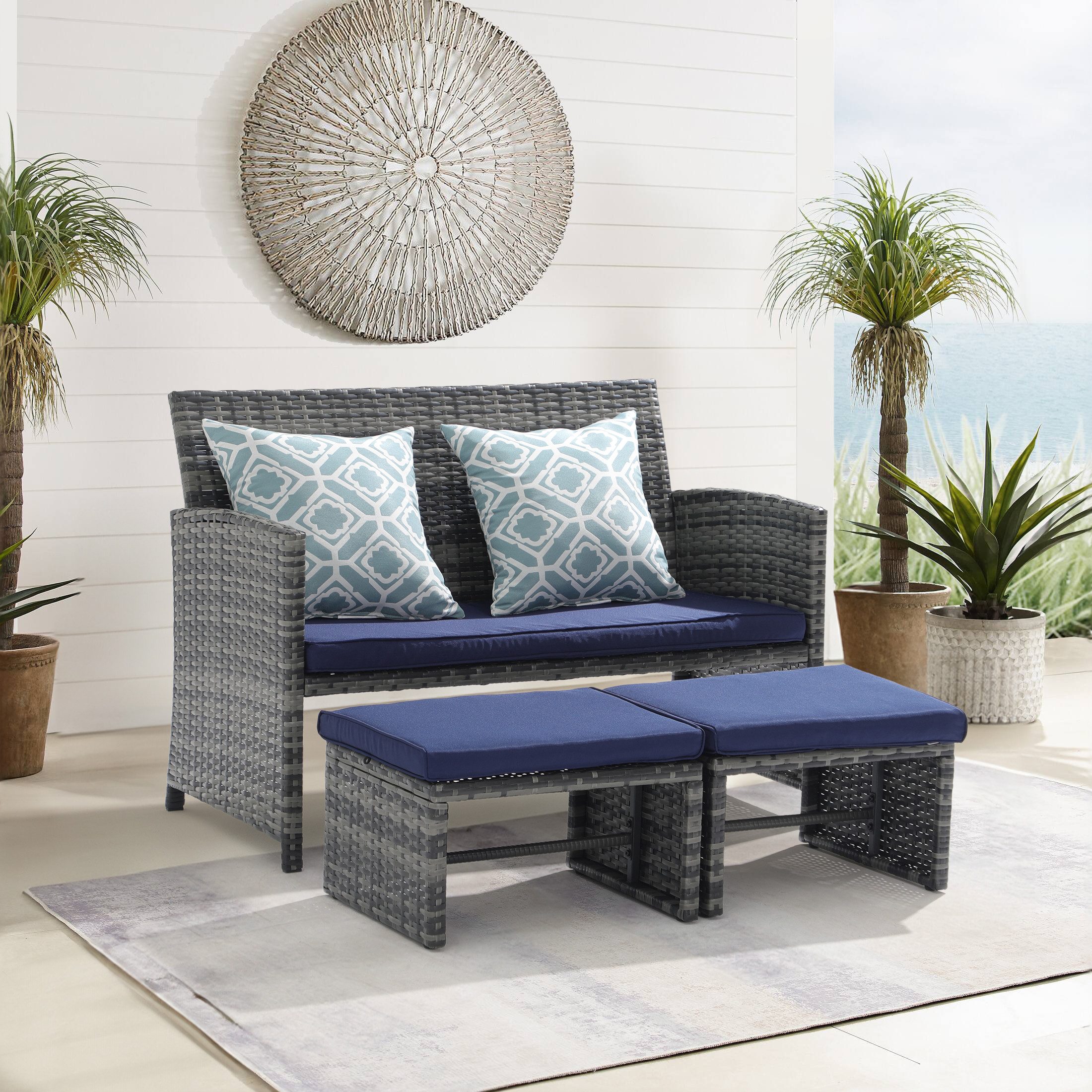 JOIVI Gartenbank Outdoor Loveseat (3-tlg Terrassenmöbel-Set, Allwetter Rattan Gartenbank mit 2 Hocker), Grau Rattan&Grau Kissen
