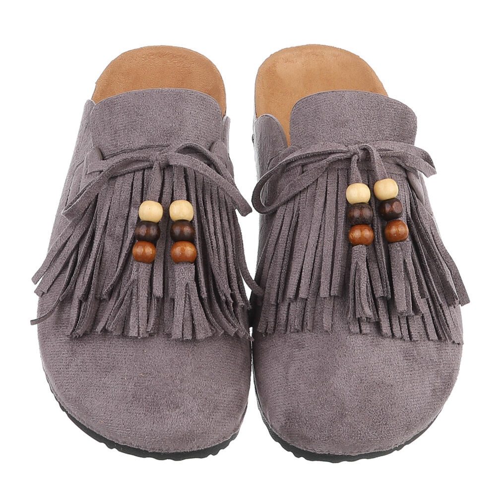 Ital-Design Damen Clog mit Fransen und Perlen, Schlupfschuh Pantolette (91742355) Flach Pantoletten in Grau – Bild 4 von 5