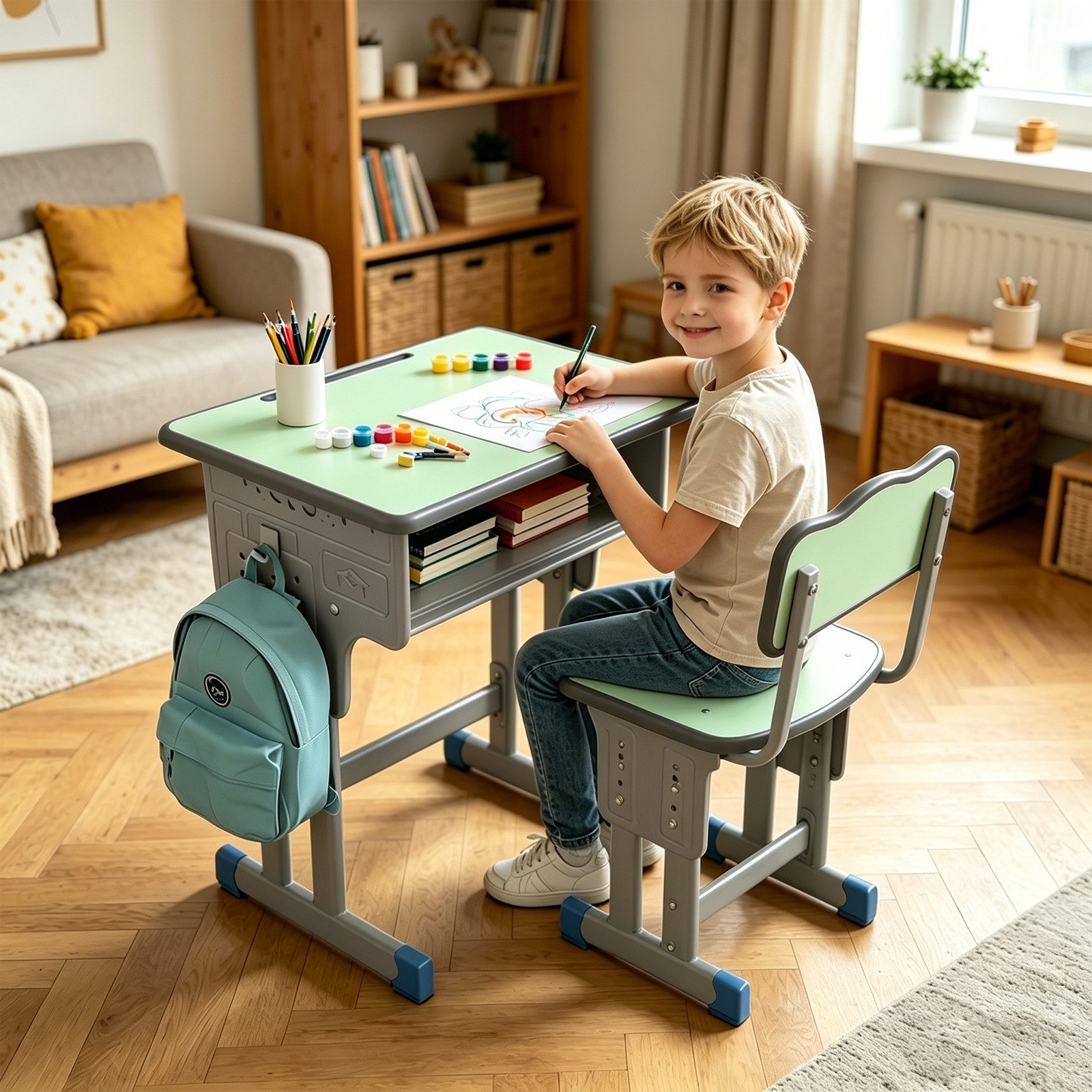 BBG Kinderschreibtisch Höhenverstellbares Kinder Schreibtisch Set mit Stuhl (Ergonomischer Lerntisch 60x40 cm, 4-Stufen Höhenverstellung, Ein Tisch, ein Stuhl), Anti-Rutsch Füße, Schulmöbel für Kinder ab 3 Jahren