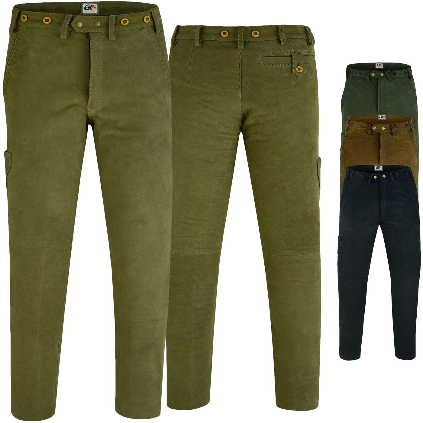 German Wear Lederhose GW604 Lange Jagd Trachten Lederhose Jägerhose Jagdhose Nubukleder Jagdgrün | Lederhosen