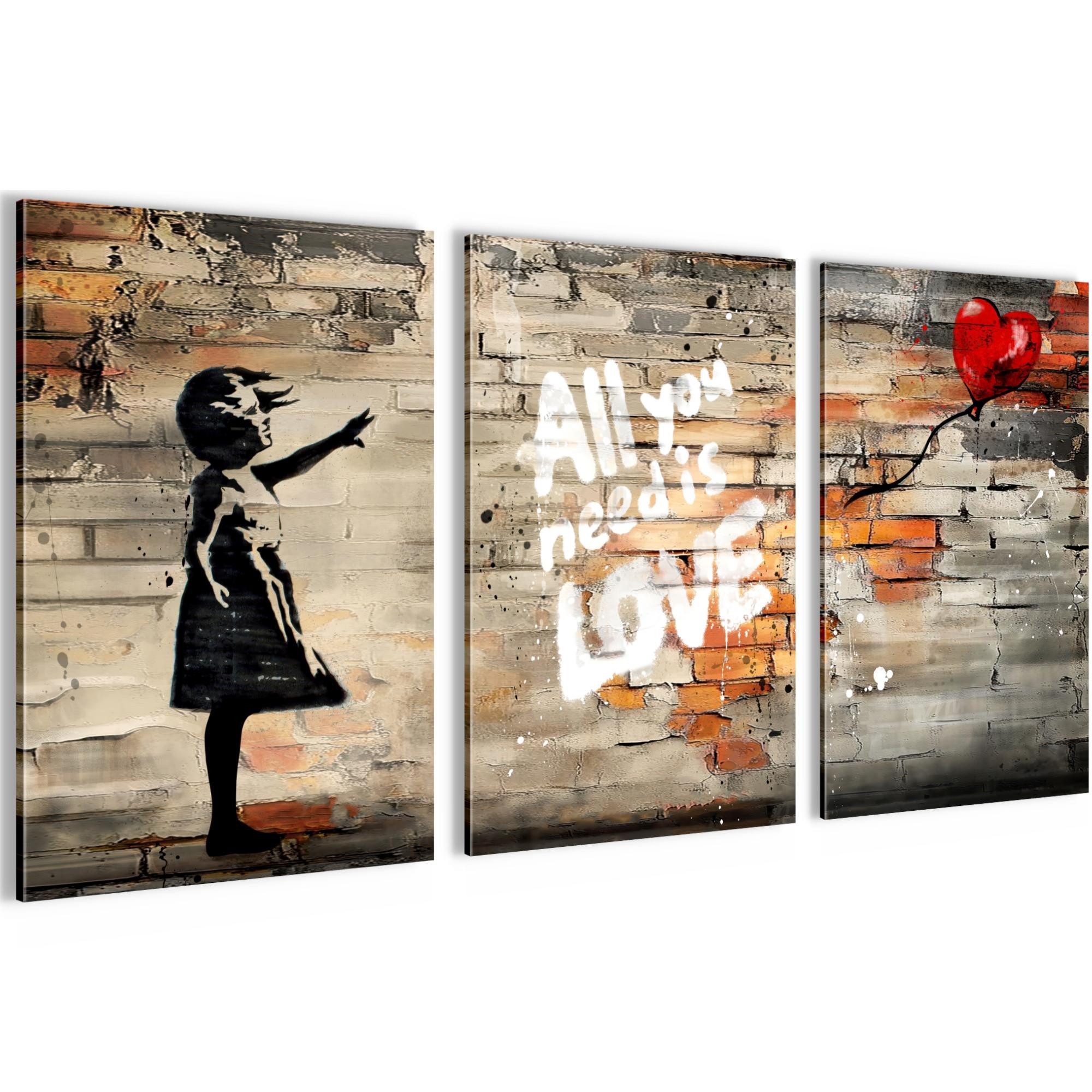 Novart Wandbild Wandbilder Set Banksy Style Collage - 3 Bilder Wohnzimmer Streetart, Balloon Girl
