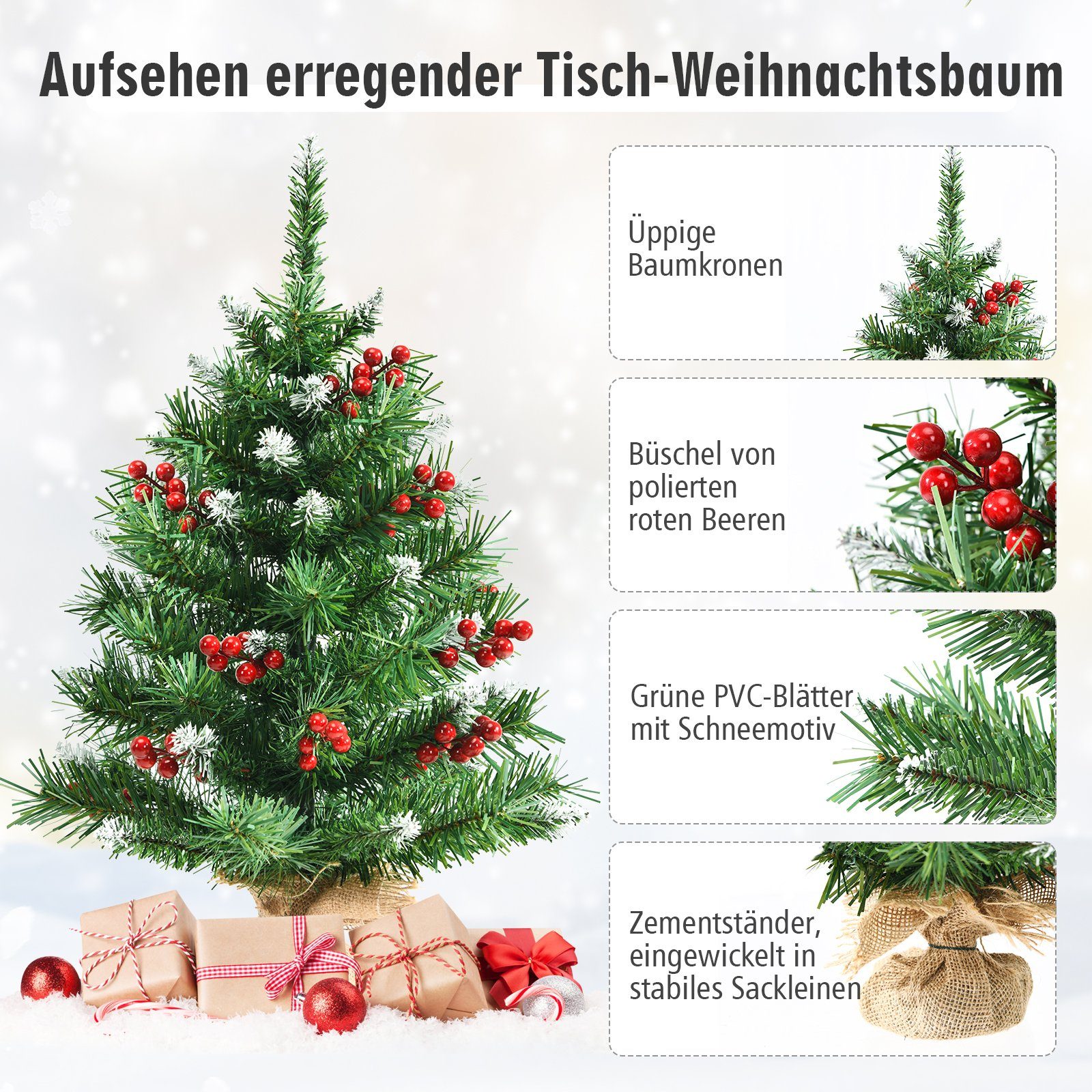 COSTWAY Künstlicher Weihnachtsbaum, mit 76 Zweigen, roten Beeren, Sockel