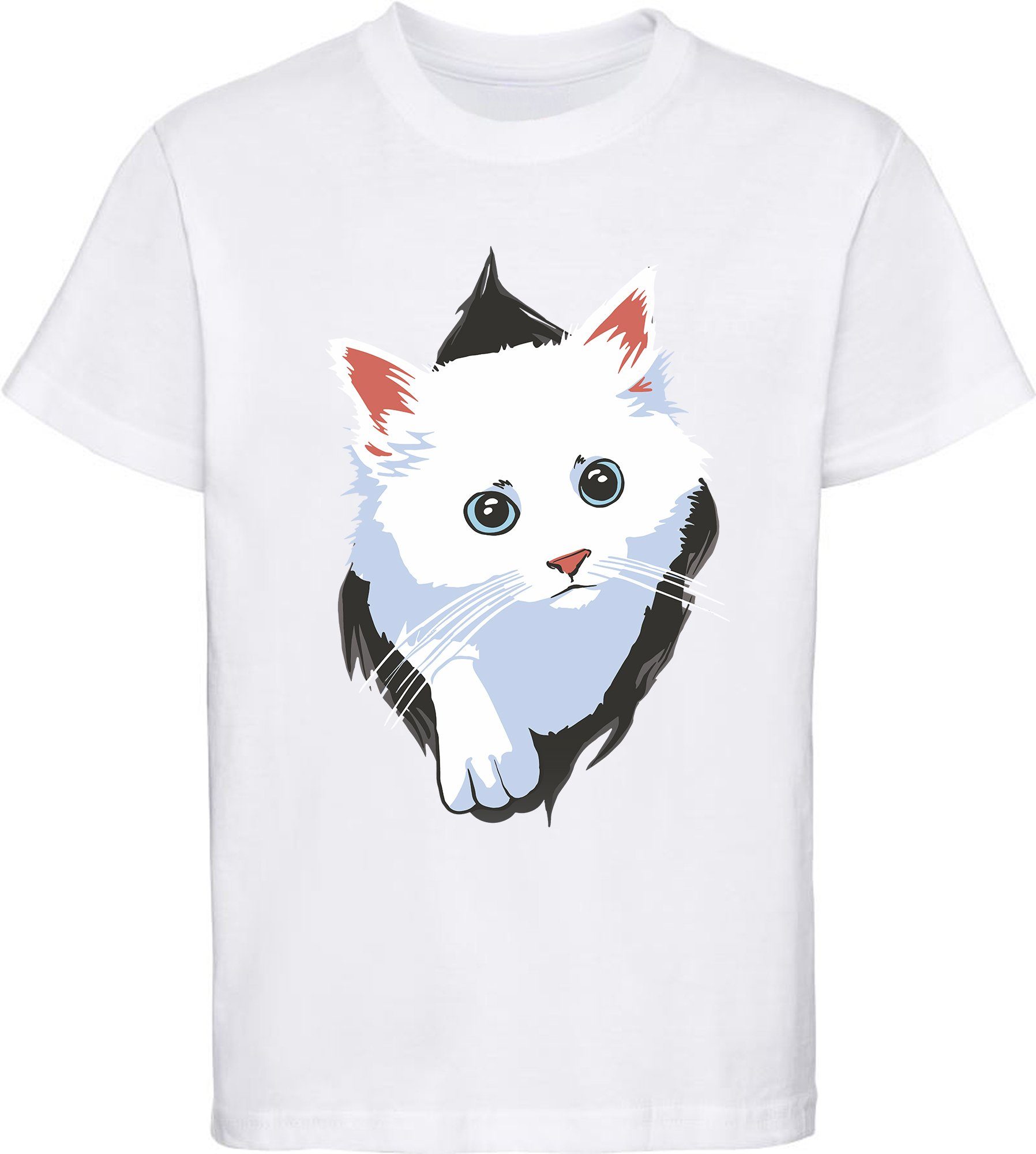 MyDesign24 Print-Shirt bedrucktes Mädchen Katzen T-Shirt - weiße Katze aus dem Shirt Baumwollshirt mit Aufdruck, schwarz, rot, weiß, rosa, i113 weiss