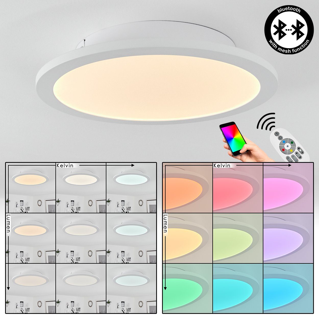 hofstein Deckenleuchte »Corti« dimmbare Deckenlampe in Weiß, RGB Farbwechsler, RGB Kelvin, Leuchte RGB (30cm) steuerbar über Smart App,16 Watt, 2100 Lumen
