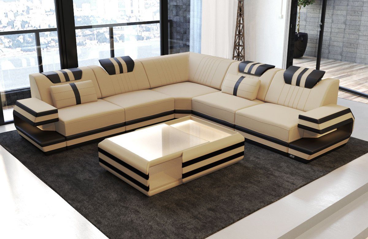 Sofa Dreams Ecksofa Design Polsterstoff Sofa Ragusa L Form M Mikrofaser Stoffsofa, Couch wahlweise mit Hocker beige-schwarz