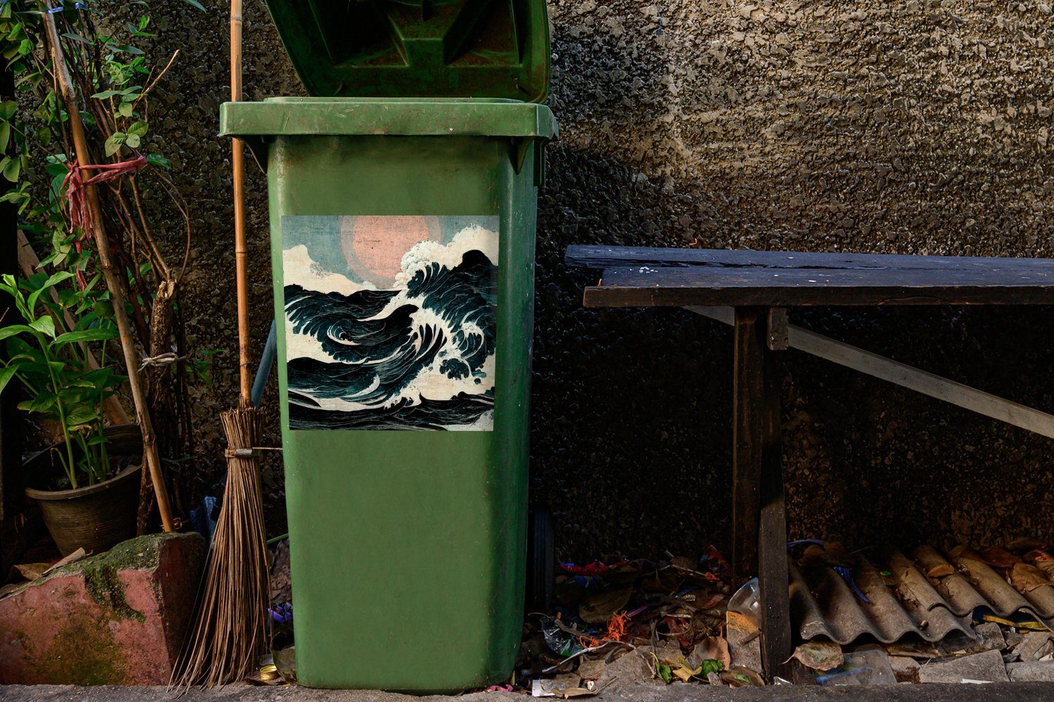 MuchoWow Wandsticker Jahrgang - Mülleimer-aufkleber, Mülltonne, (1 - Sonne Meer St), Sticker, Container, - Abfalbehälter Wellen