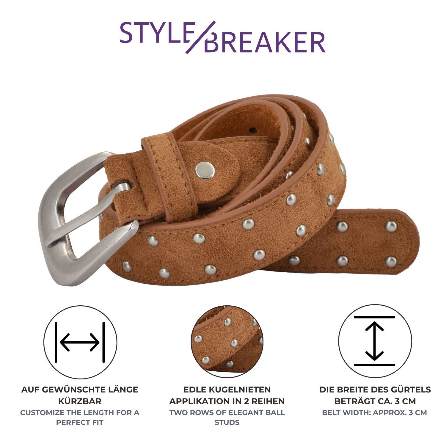 styleBREAKER Nietengürtel Nietengürtel mit Kugelnieten Velours Optik (1-St)