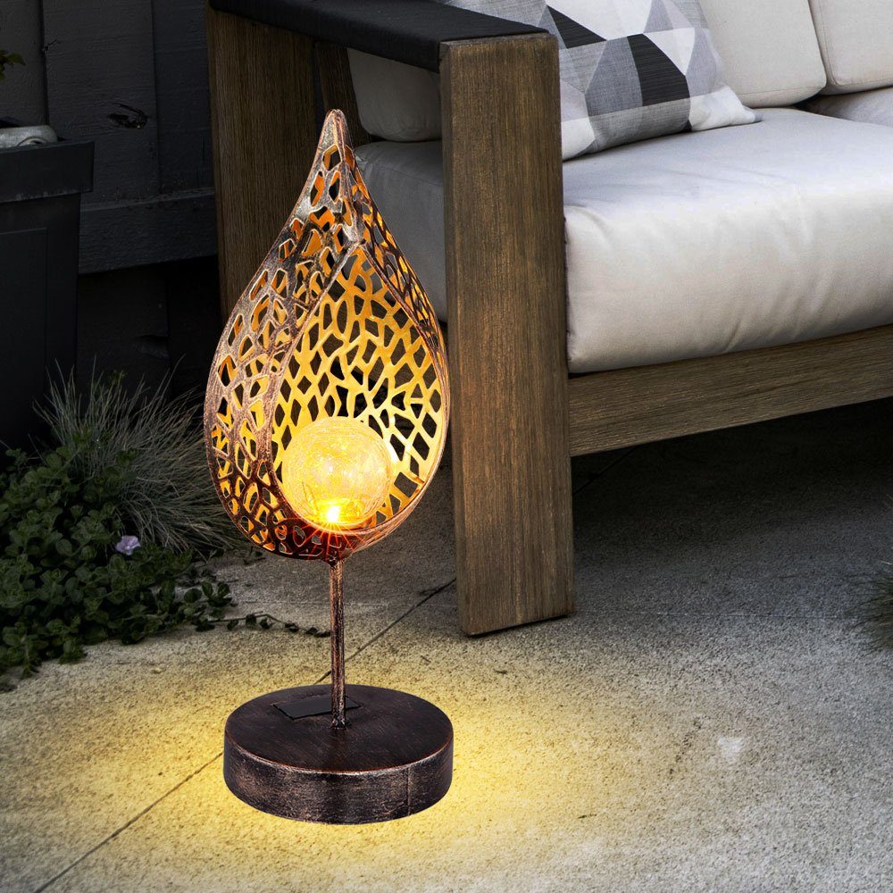 etc-shop LED Außen-Tischleuchte, LED-Leuchtmittel fest verbaut, LED Solar Tisch Leuchte Feuer Effekt Garten Deko Tropfen gold