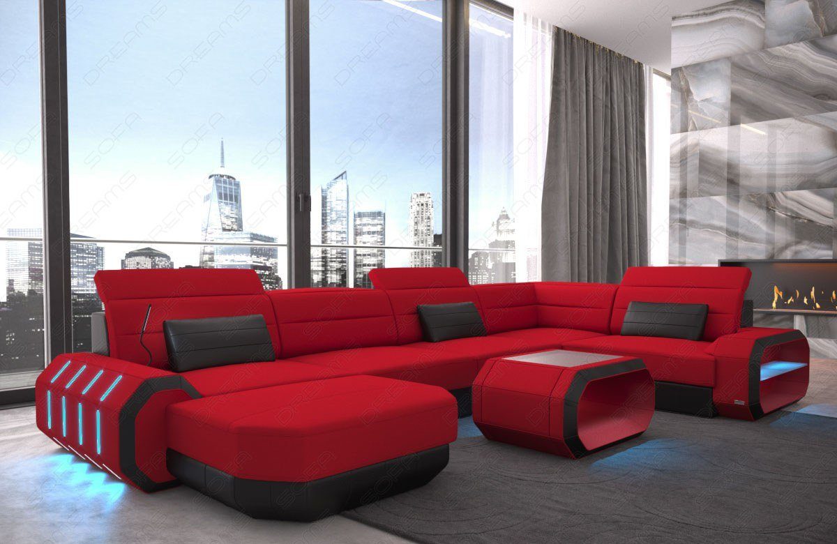 Sofa Dreams Wohnlandschaft Design Stoff Polster Sofa Roma U Form M Mikrofaser Stoffsofa, Couch wahlweise mit Schlaffunktion rot-schwarz