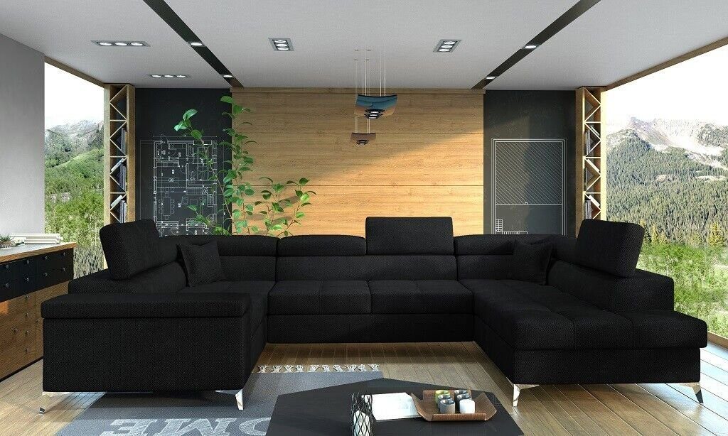 JVmoebel Ecksofa, Ecksofa U-Form Sofa Couch Design Polster Schlafsofa Bettfunktion Schwarz