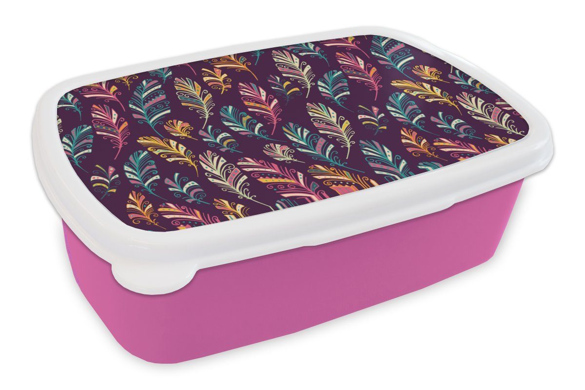 MuchoWow Lunchbox Kunststoff rosa Brotdose Mädchen, Kunststoff, Kinder, Brotbox - Snackbox, Boho Muster, Puber Erwachsene, für - (2-tlg), - Federn