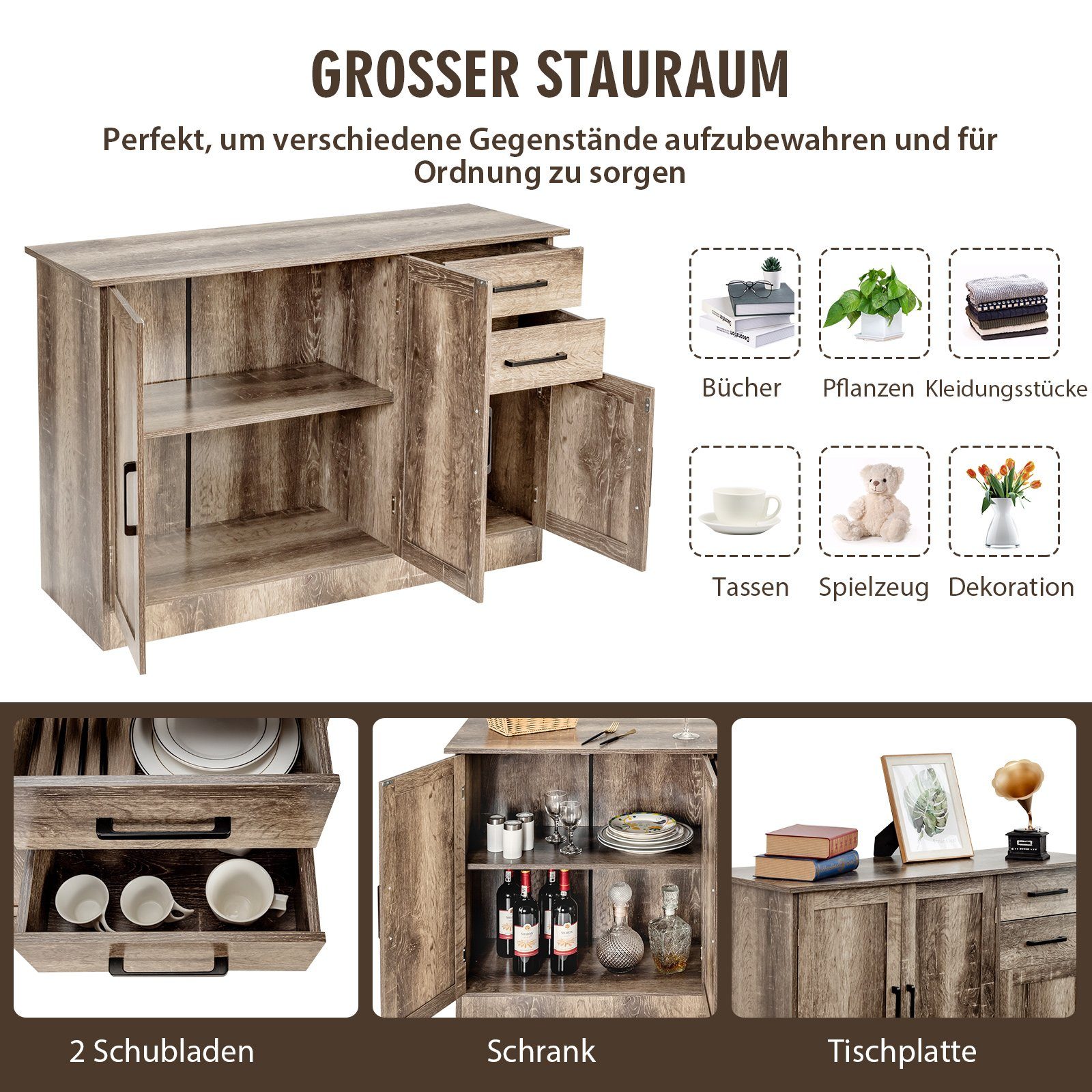 COSTWAY Schubladen&verstellbarem Arbeitsplatte, mit Regal 110cm Küchenbuffet