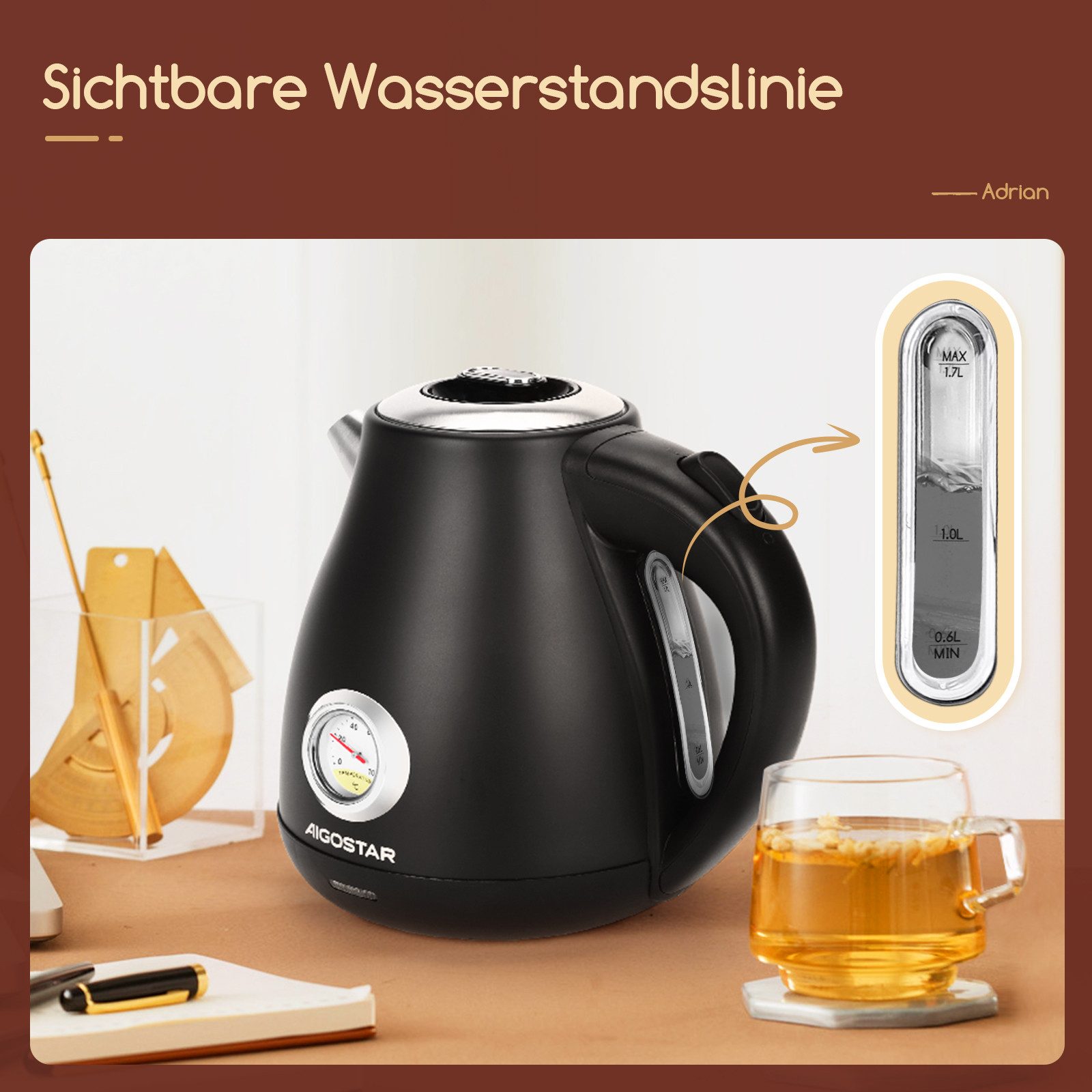Aigostar Wasserkocher Retro Edelstahl Wasserkocher mit Temperaturanzeige, 1,7L, Retro Edelstahl Wasserkocher mit Temperaturanzeige, 1,7L