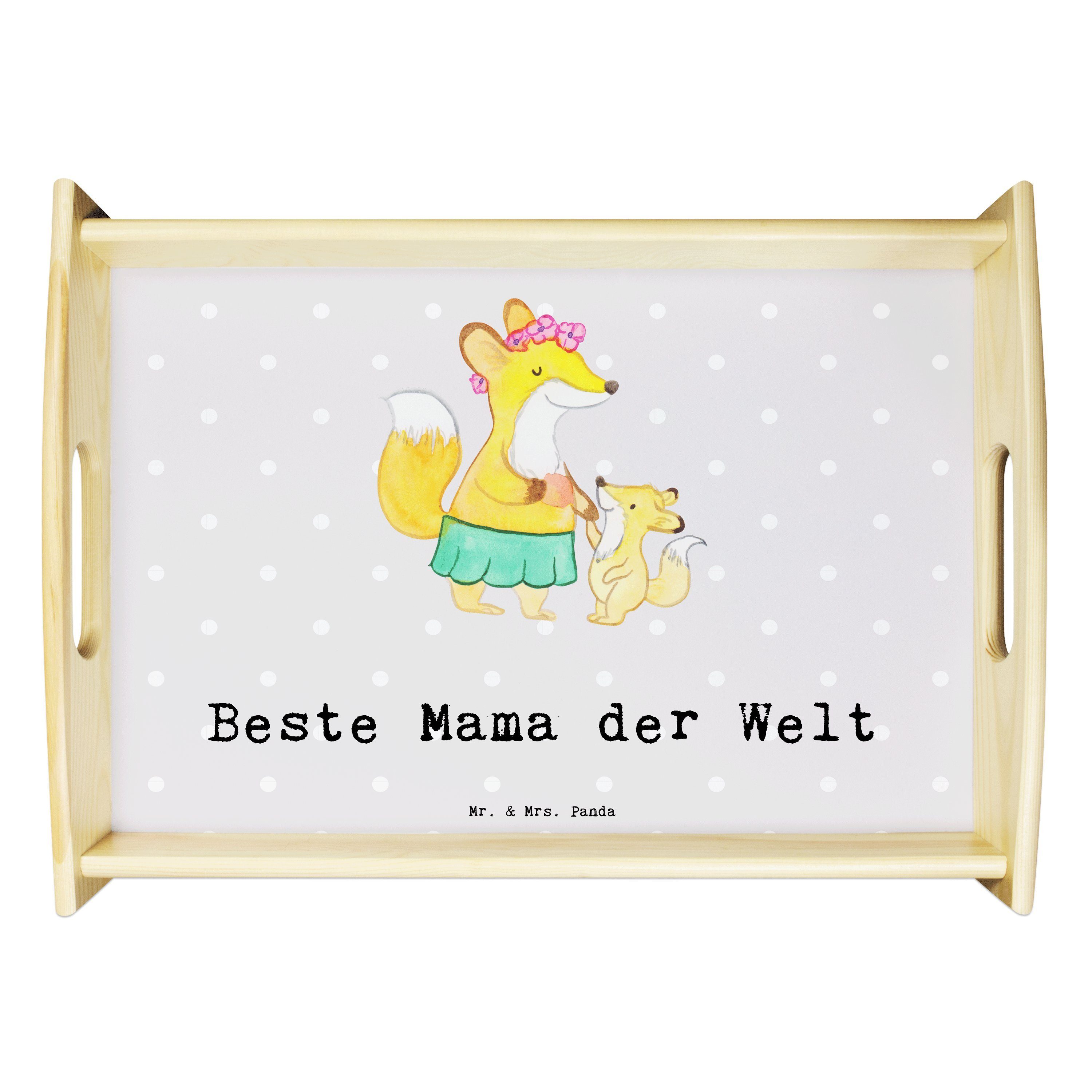 Mr. & Mrs. Panda Tablett Fuchs Beste Mama der Welt - Grau Pastell - Geschenk, Dekotablett, Tab, Echtholz lasiert, (1-tlg)