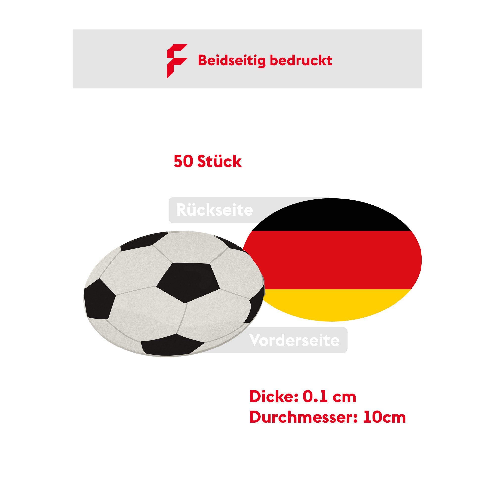 FLYERALARM Bierdeckel Fußball - Deutschland I 50 Stück I WM Tischdeko I Rund, WM Fußball Deko Public Viewing Länder 2026 EM