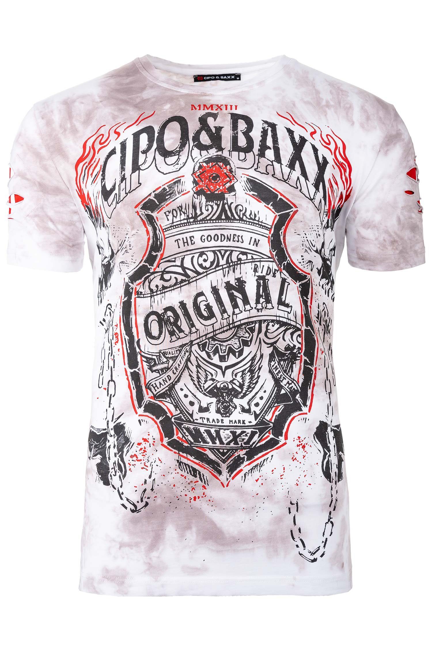 Cipo & Baxx Print-Shirt Extravagantes Kurzarm T-Shirt BA-CT772 (1-tlg) im Ghost Rider Style mit Totenkopf weiß