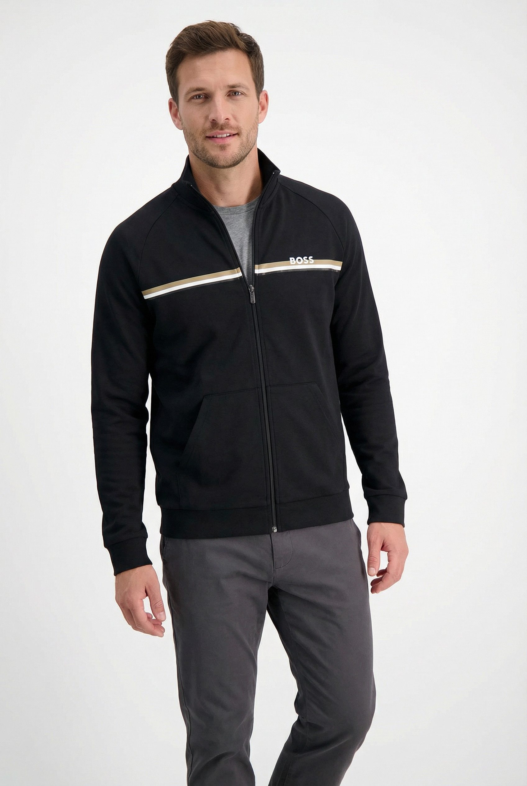 BOSS Sweatjacke Authentic mit Streifen und Logo, regular fit