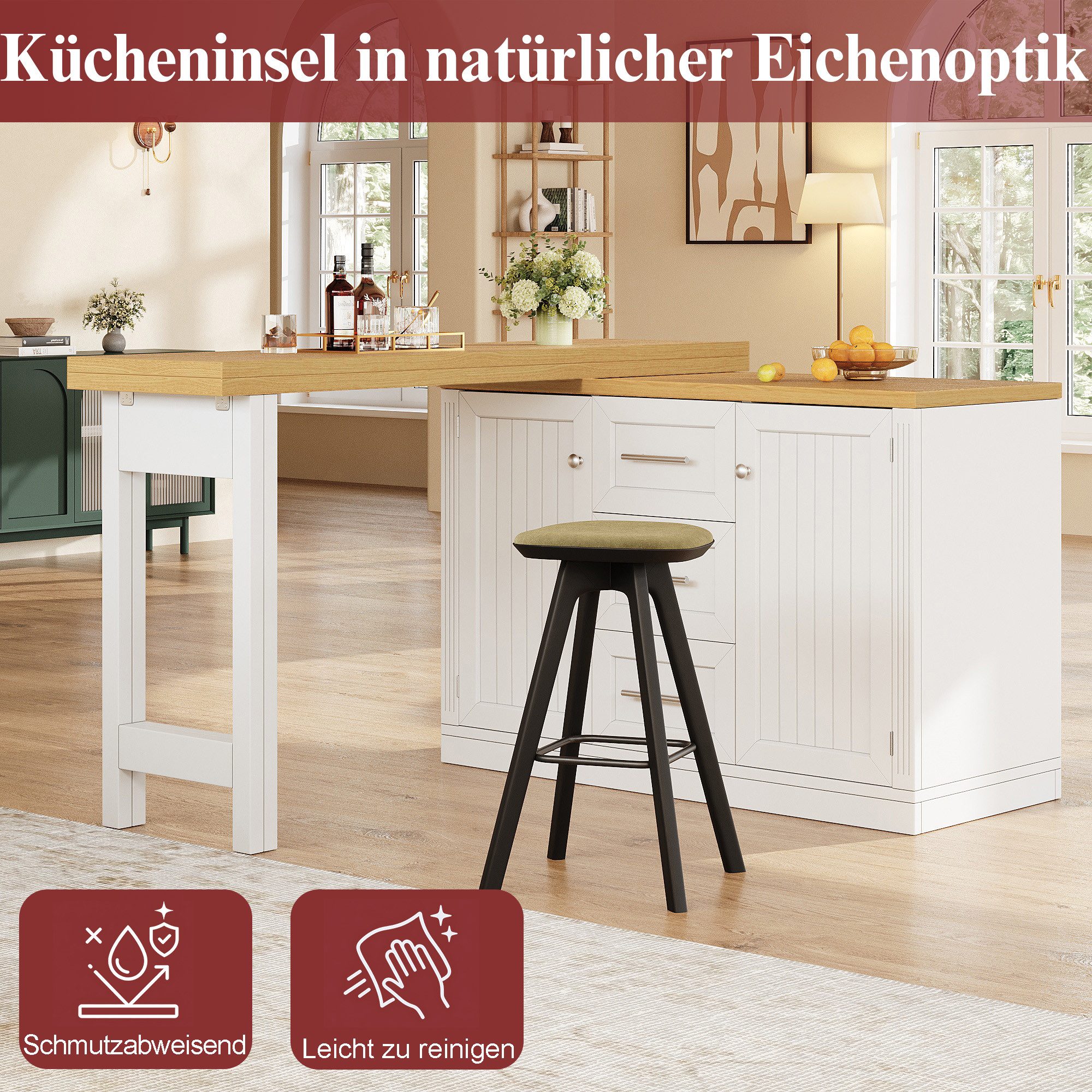 Celya Kücheninsel mit ausziehbarer Esstischplatte,wandelbare Theke, (Snackregal, Magnetverschluss und große Schubladen, modernes Design)