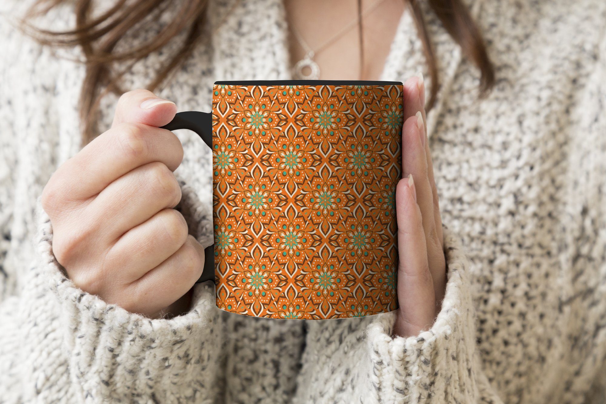 Kaffeetassen, Farbwechsel, Teetasse, - - Tasse - Mandala Orange Bohème Geschenk - Zaubertasse, Vintage, Design MuchoWow Keramik,