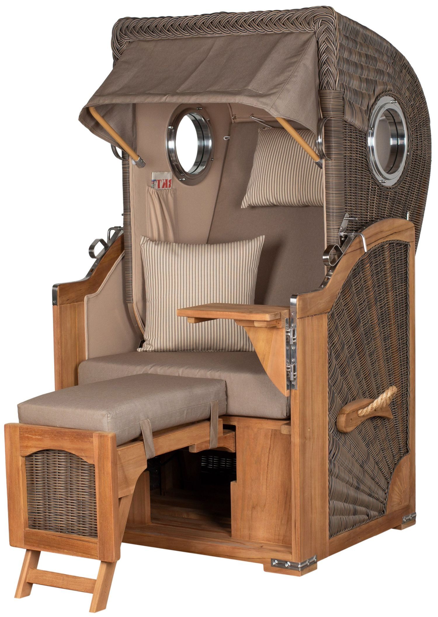 bene living Strandkorb Ammersee 1-Sitzer Teak - PE grau - Modell 534, BxTxH: 96x80x165 cm, Volllieger ca. 175 Grad, Ostsee-Strandkorb Komplettset, Liftersystem, Windschutzfolie, Bullaugen, bequeme Polsterung